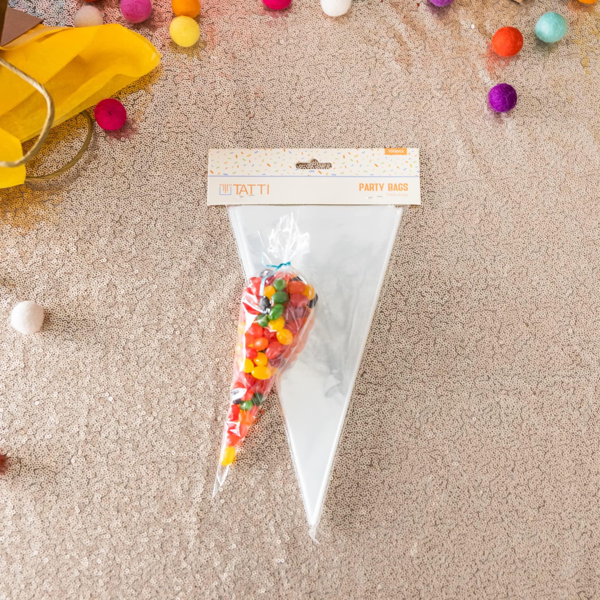 TATTI Cone Cellophane Bags,100 PCS 5.1\"x9.8\" Cello Clear Cone Shaped Treat Bags with Twist Ties, Plastic Cone Bags Triangle Bags for Popcorn Favor Candy