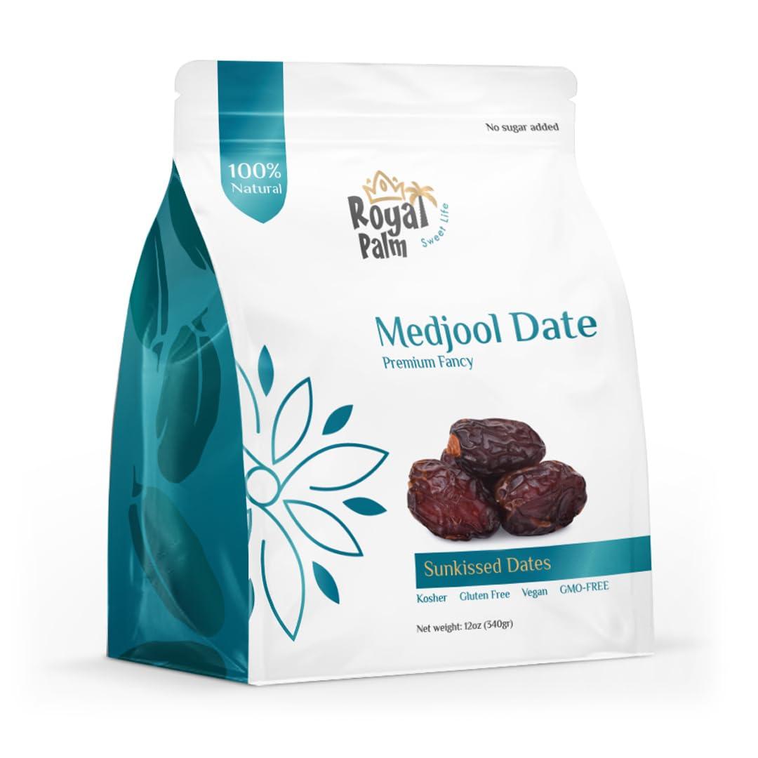 Royal Palm Premium Medjool Dates by Royal Palm 12oz Bag of Pitted Jumbo Dates Natural Sweetener and Fresh Dried Fruit Healthy Vegan Snack & Natural Energy Boost Non-GMO, Kosher Premium Date Fruit
