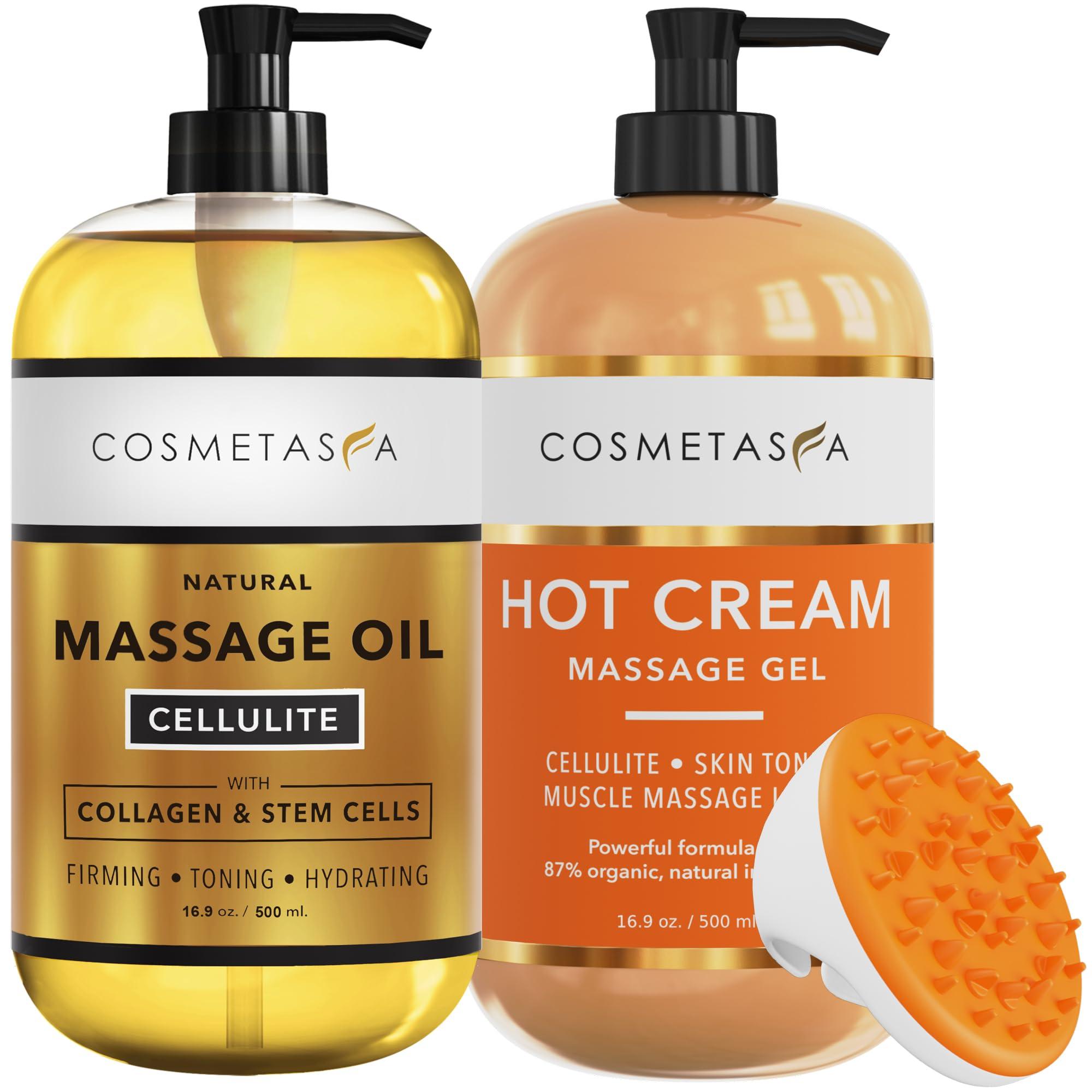 Cosmetasa Cellulite Massage Oil, Gel & Mitt - Natural Hot Cream Massage Gel, Oil & Massager - Firm, Tone, Tighten & Moisturize Skin. Soothes Muscles (16.9 oz)