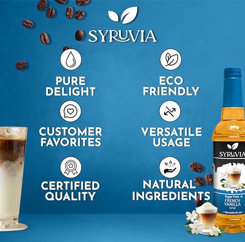 SYRUVIA Syruvia Sugar Free French Vanilla Syrup With Syrup Pump Dispenser French Vanilla Coffee Syrup Flavor, 25.4 fl oz, Kosher, Gluten Free, Perfect for Coffee, Drinks, Soda, Desserts, and More