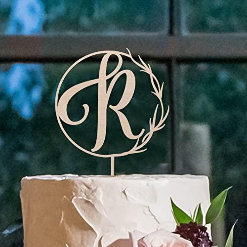 Vinisong Vinisong Personalized Initials Cake Topper Wreath Letter R Cake Topper Wood Monogram Cake Topper Rustic Wedding Cake Topper Birthday Cake Decoration(Design 06,R)