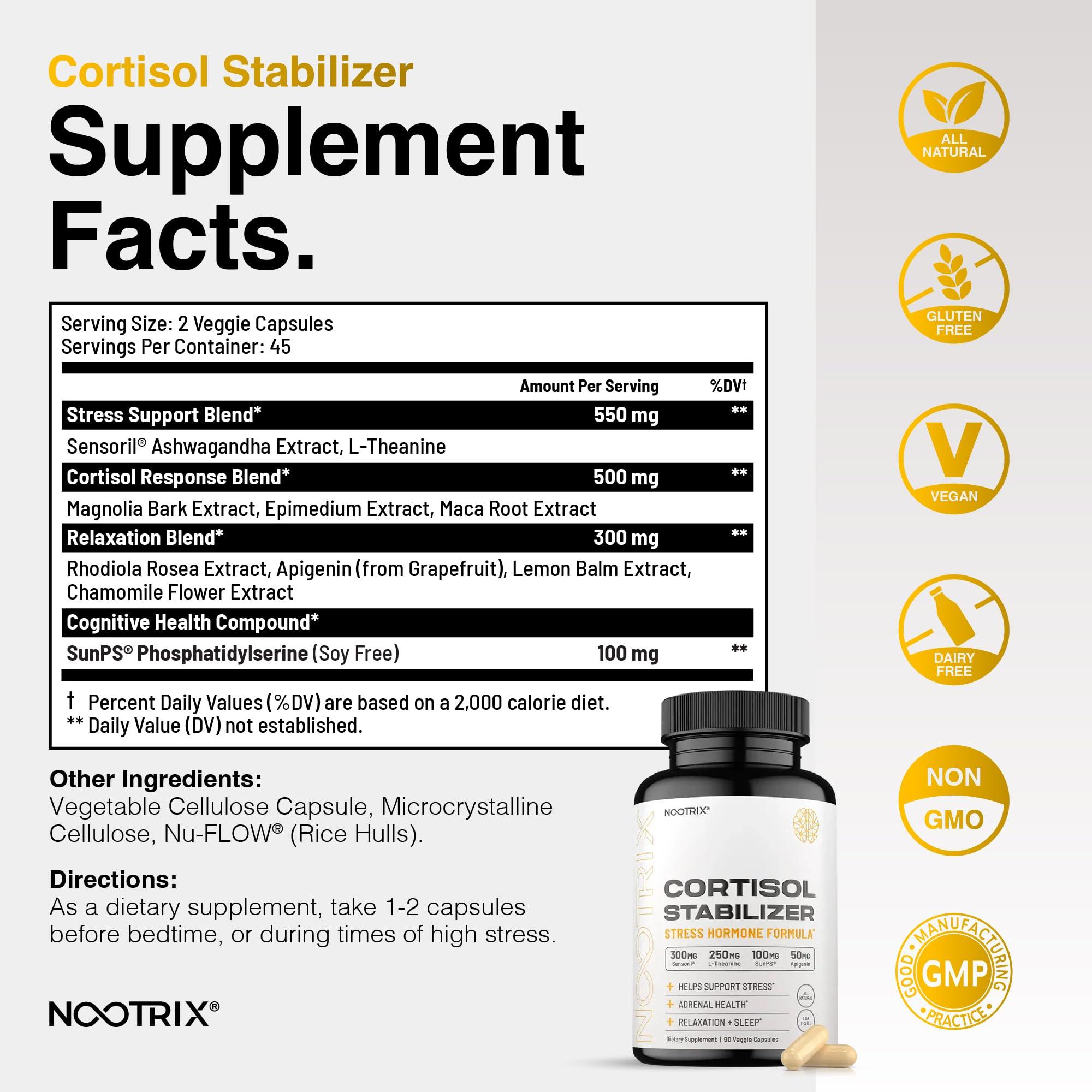 Nootrix Nootrix Cortisol Manager and Stabilizer Supplement | Supports Deep Sleep & Relaxation | Cortisol Supplement with Ashwagandha, L-Theanine, Rhodiola Rosea Extract & Apigenin | 90 Vegan Capsules