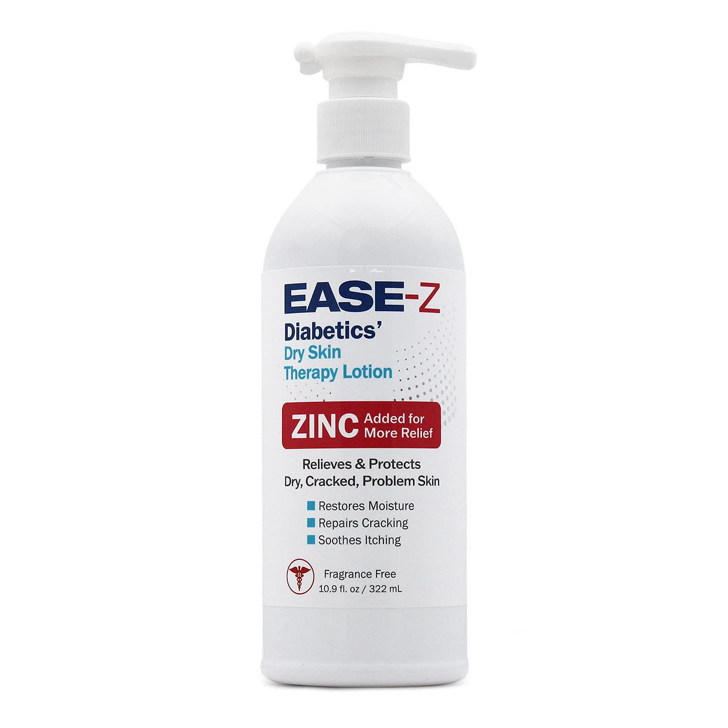 Ease-Z EASE-Z Diabetic Lotion for Dry Skin. Clinically Proven ingredients and ZINC relieve dryness, reduce redness, and calm itching. With Shea Butter. Fast-Acting, Long-Lasting. 10.9 oz