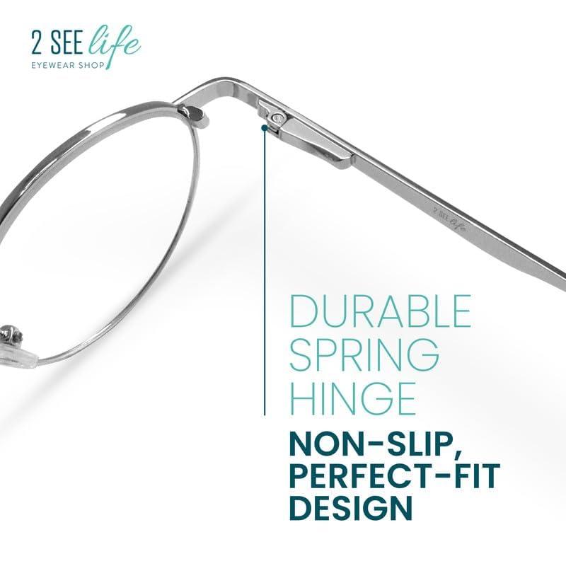2SeeLife Silver Large Metal Wire Rim Round Reading Glasses Men & Women with Vintage & Sturdy Frame - Spring Hinges Fashion Readers - Trendy for all Face Shapes Readers for Women & Men - Cheaters Glasses 1.0
