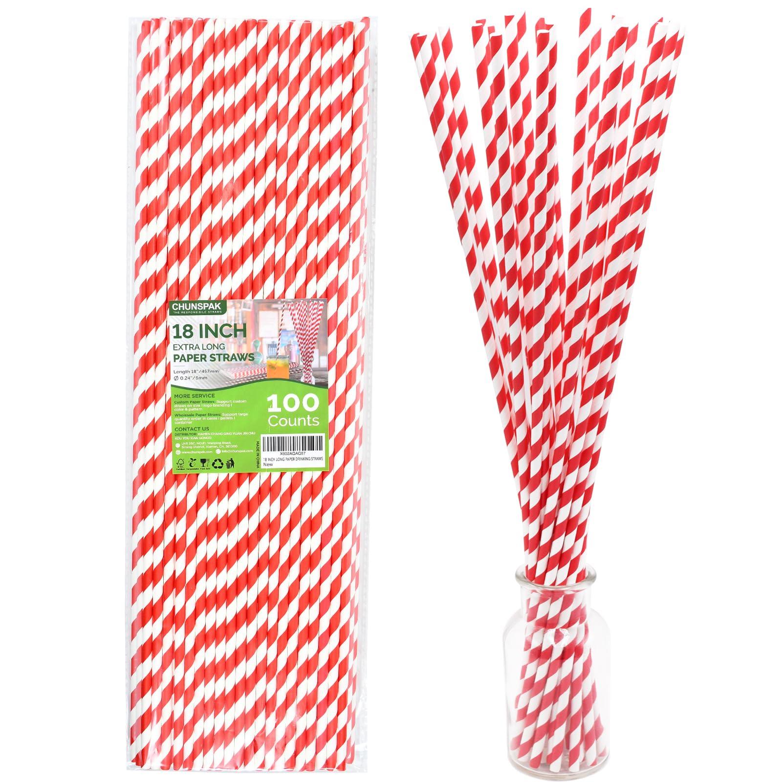 chunspak 18 Inch Extra Long Paper Drinking Straws - For Large Drinks, Cotton Candy Sticks, DIY Crafts - Red, 100 Counts- 100% Biodegradable