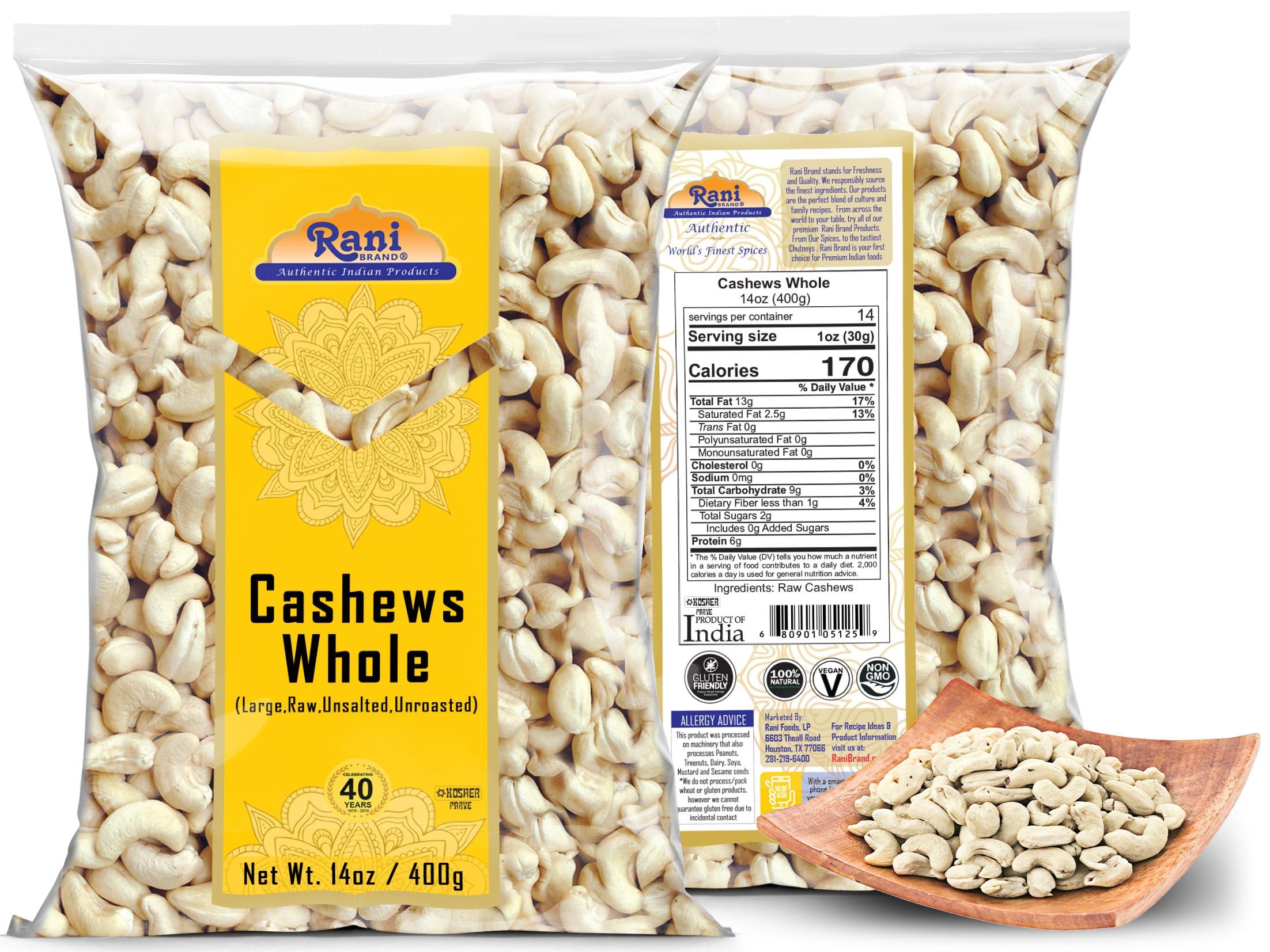 Rani Brand Authentic Indian Products Rani Raw Cashews Whole (uncooked, unsalted) 14oz (400g) ~ All Natural, No Preservatives | Vegan | NON-GMO | Kosher | Gluten Friendly
