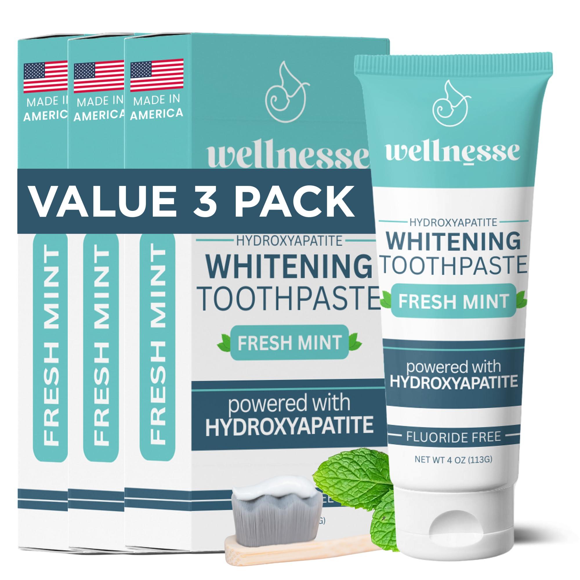 Wellnesse Wellnesse Whitening Toothpaste - Teeth Whitening Fluoride Free Natural Toothpaste - Fresh Mint - 3 Tubes, 4 oz - Made with Hydroxyapatite Powder, Green Tea Powder, and Aloe Vera