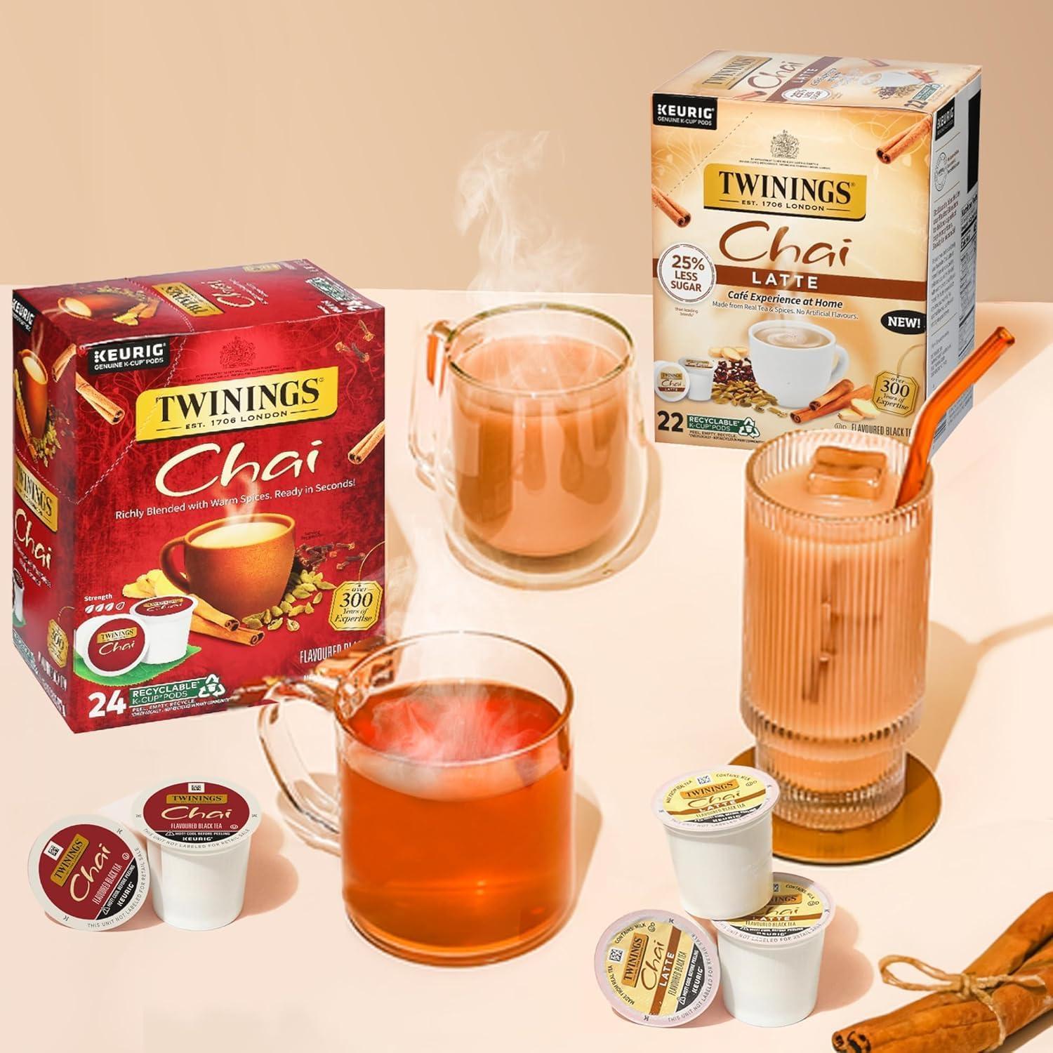 Twinings Twinings Chai Latte Black Tea Single Serve K-Cup Pods, 22 Count (Pack of 3) Creamy, Slightly Sweet, Less Sugar, Caffeinated, Enjoy Hot or Iced