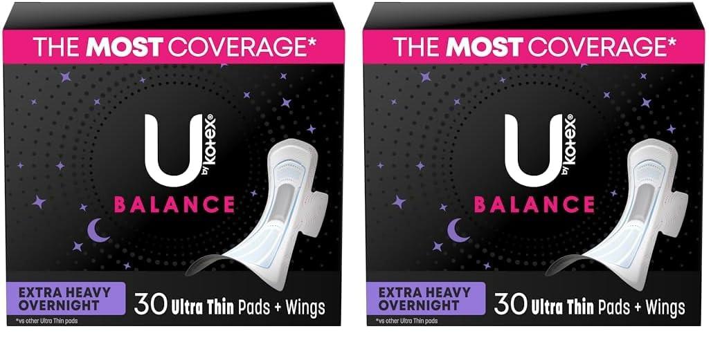 U by Kotex U by Kotex Balance Ultra Thin Overnight Pads with Wings, Extra Heavy Absorbency, 30 Count (Pack of 2)