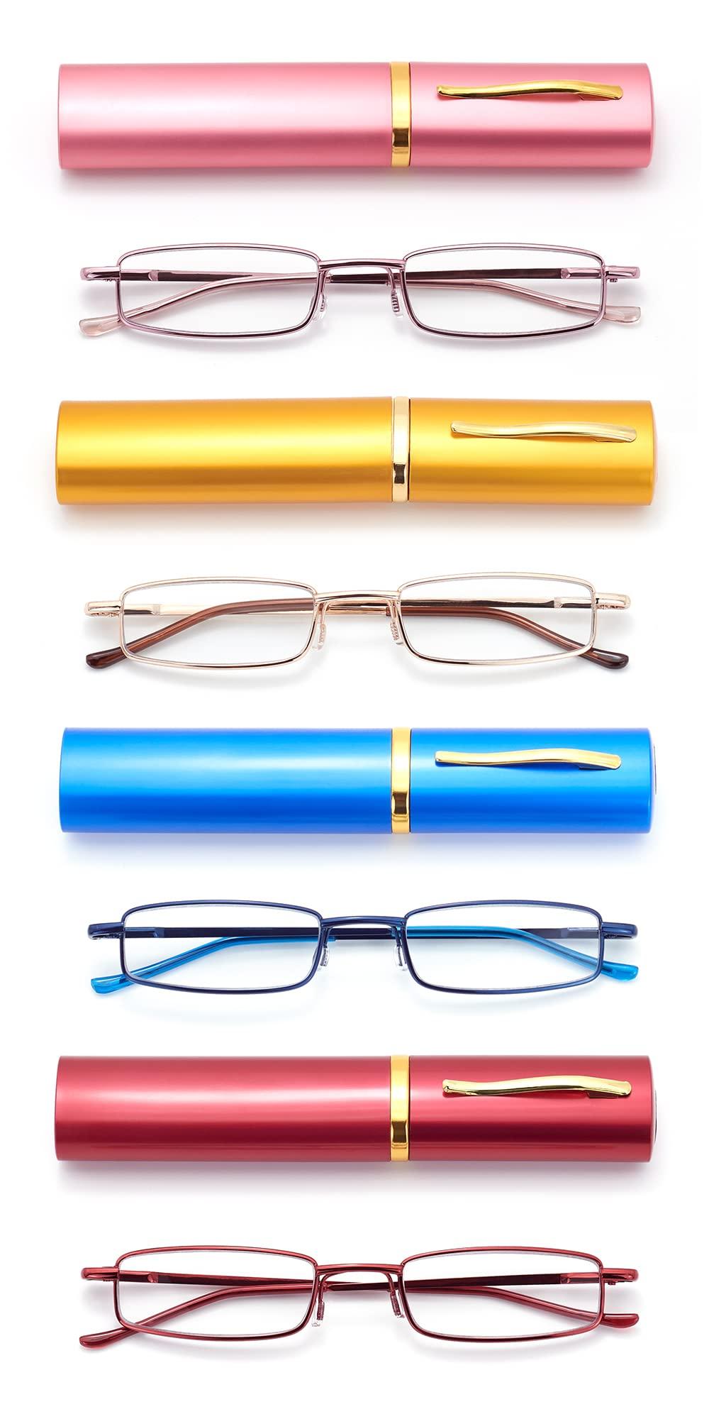 HIGHLIKE HIGHLIKE 4-Pack Slim Pocket Reading Glasses Men Women, Compact Readers Super Clear Lens, Spring Hinge Metal Frame Eyeglasses, Red Golden Blue Pink 2.5 x