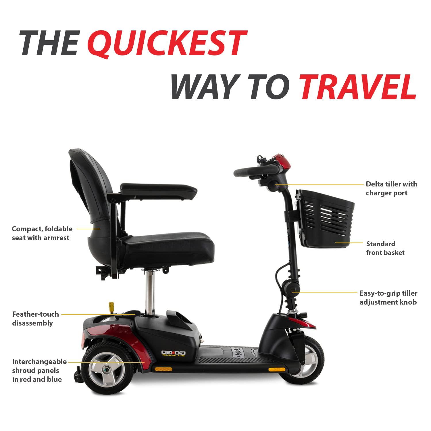 Pride Mobility Pride Mobility Go-Go Elite Traveller 3-Wheel SC40E 12AH, Indoor & Outdoor Travel Electric Mobility Scooter w/Red & Blue Shroud Inserts for Adults, 300 lbs. WC, Up to 4 MPH, 7.25 Range Per Charge