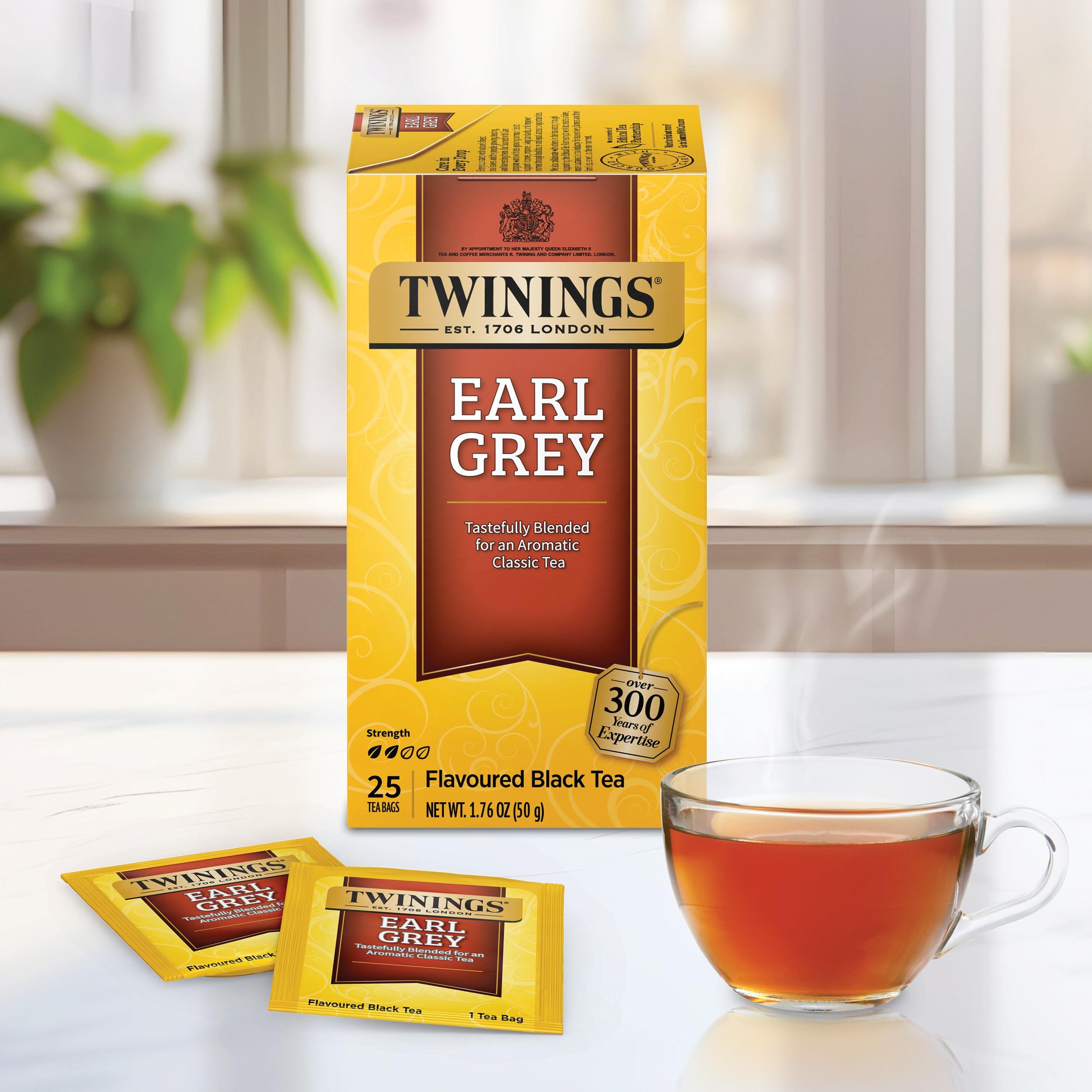 Twinings Twinings Earl Grey Black Tea Individually Wrapped Bags, 25 Count (Pack of 6), Includes Citrus and Bergamot Flavour, Caffeinated, Enjoy Hot or Iced | Packaging May Vary