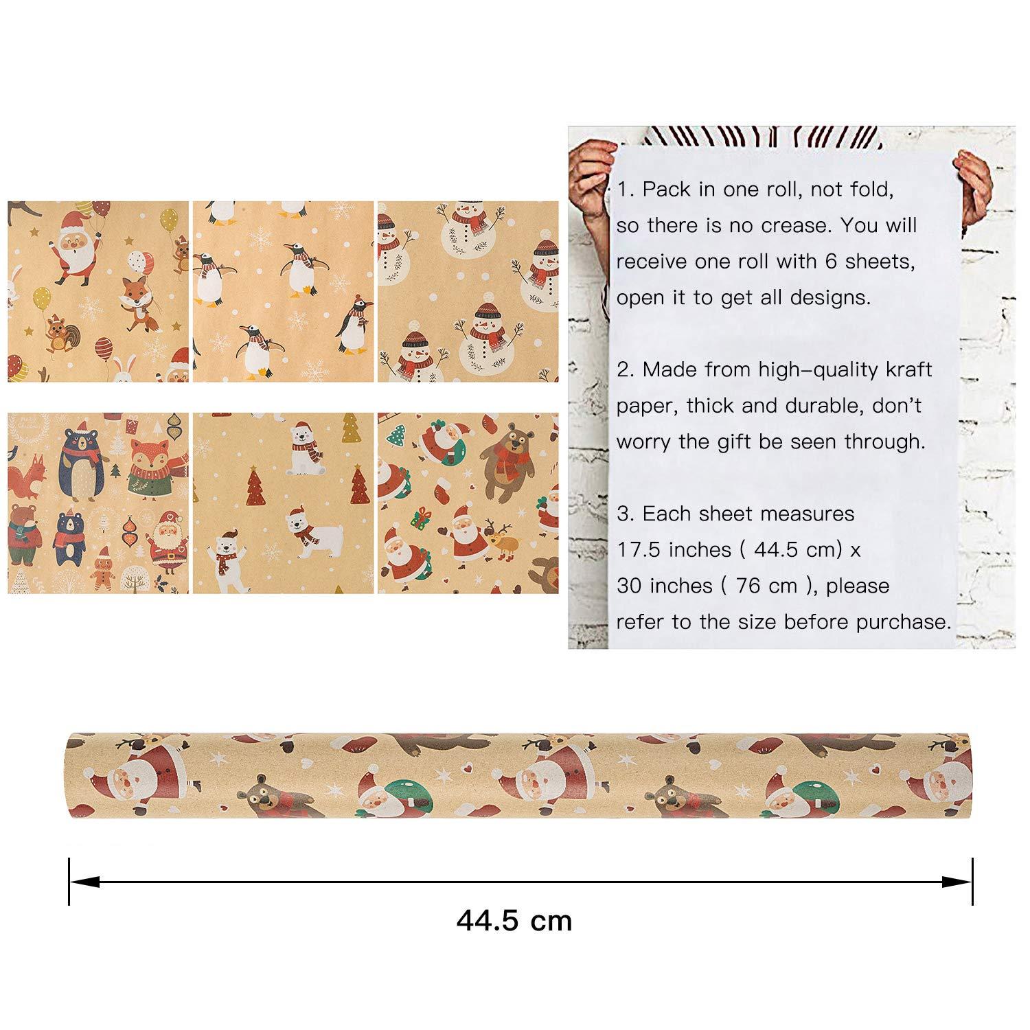 RUSPEPA RUSPEPA Christmas Kraft Wrapping Paper Santa Claus Xmas Theme Elements Great for Christmas, Birthdays, Holiday, Baby Shower - 6 Sheets Packed as 1 roll - 17.5 x 30 inches per Sheet