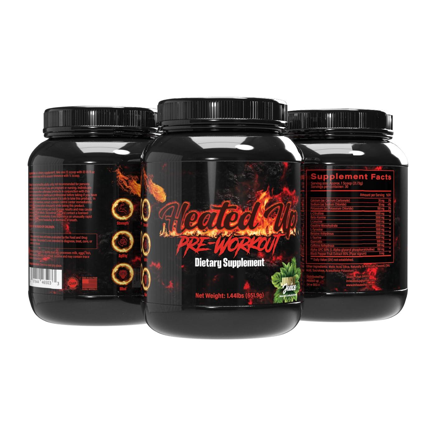 Heated up Heated up, pre Workout, Jungle Juice, Focus, Super Pump, Energy, creatine, l-citrulline, beta Alanine, Alpha gpc, Caffeine 300 mg, 30 Servings, Black and Red
