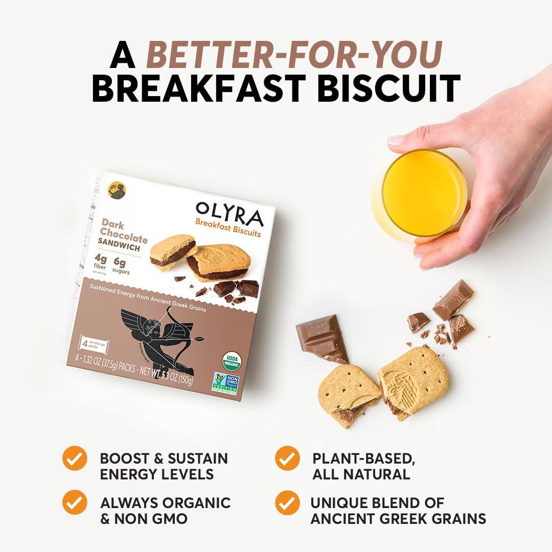 Olyra Ancient Greek Grains Olyra Dark Chocolate Sandwich Breakfast Biscuits, Healthy Snacks for Kids and Adults, Low Sugar, High Fiber, Vegan Organic Cookies, with Ancient Greek Grains, USDA Certified Organic, Non GMO, 4 Packs