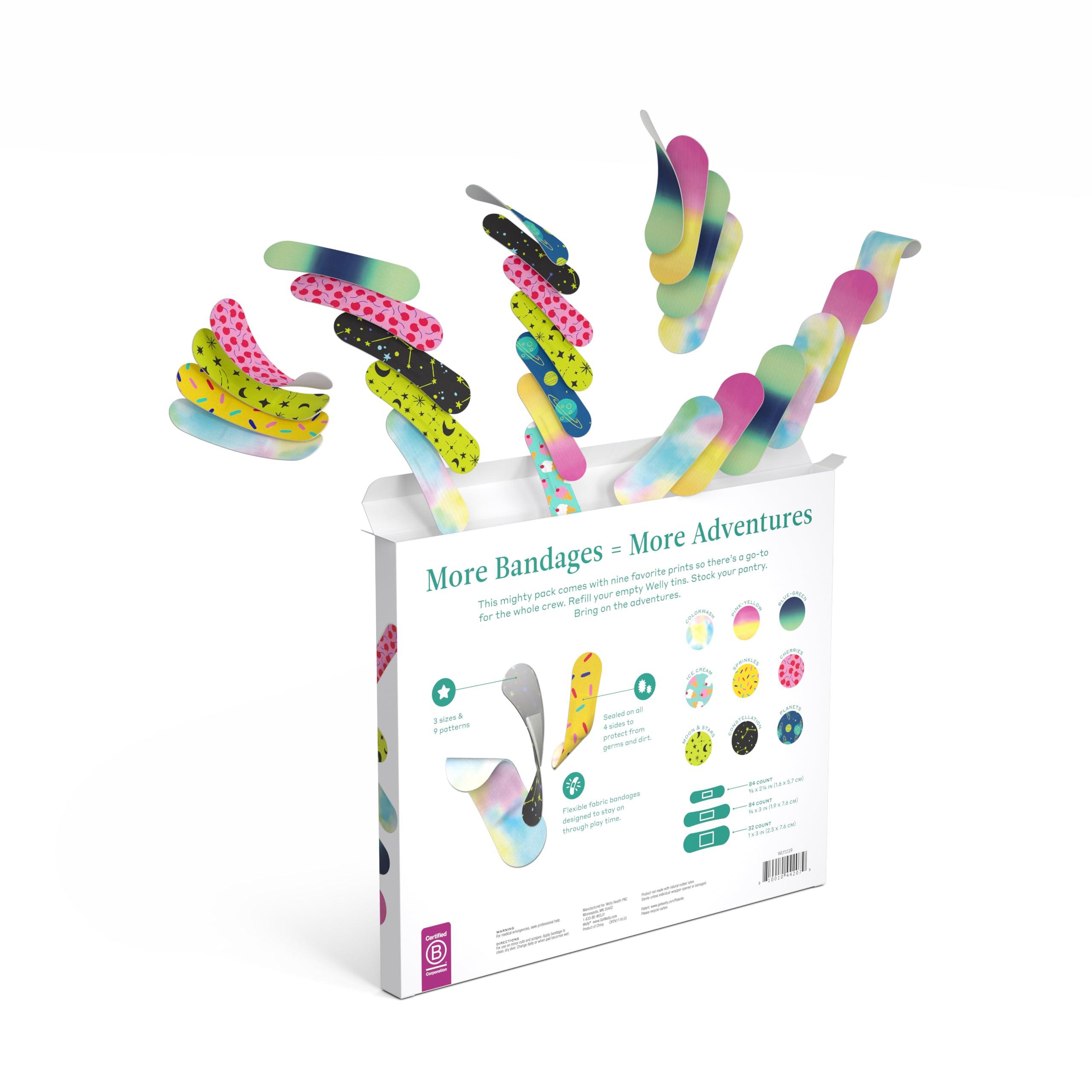 Welly Welly Bandage Refill Ready Pack | Adhesive Flexible Fabric Bandages | Bulk Assorted Shapes and Patterns for Minor Cuts, Scrapes, and Wounds - 200 Count