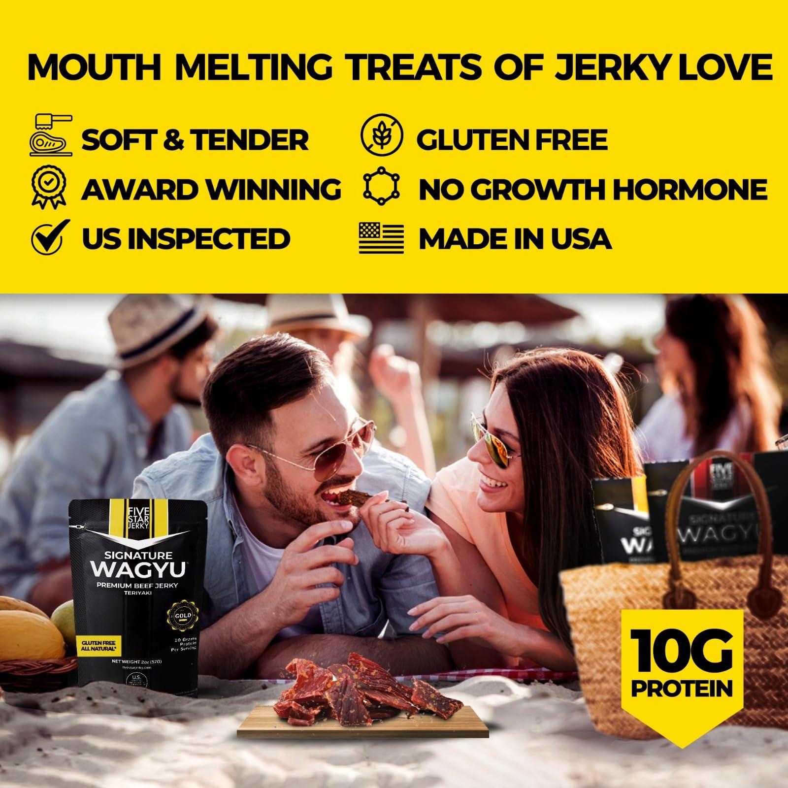 Five Star Jerky Five Star Wagyu Teriyaki Beef Jerky, Soft & Mouth Melting Tender Jerky, Award-Winning Premium Beef Jerky, No Artificial Ingredients, Premium Gift Snack, Nitrate/Nitrite-Free, Gluten-Free, Wagyu Beef Snacks (4 Pack of 2oz-Total 8oz) Gourmet Beef Jerky
