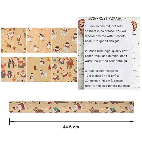 RUSPEPA RUSPEPA Christmas Kraft Wrapping Paper Santa Claus Xmas Theme Elements Great for Christmas, Birthdays, Holiday, Baby Shower - 6 Sheets Packed as 1 roll - 17.5 x 30 inches per Sheet