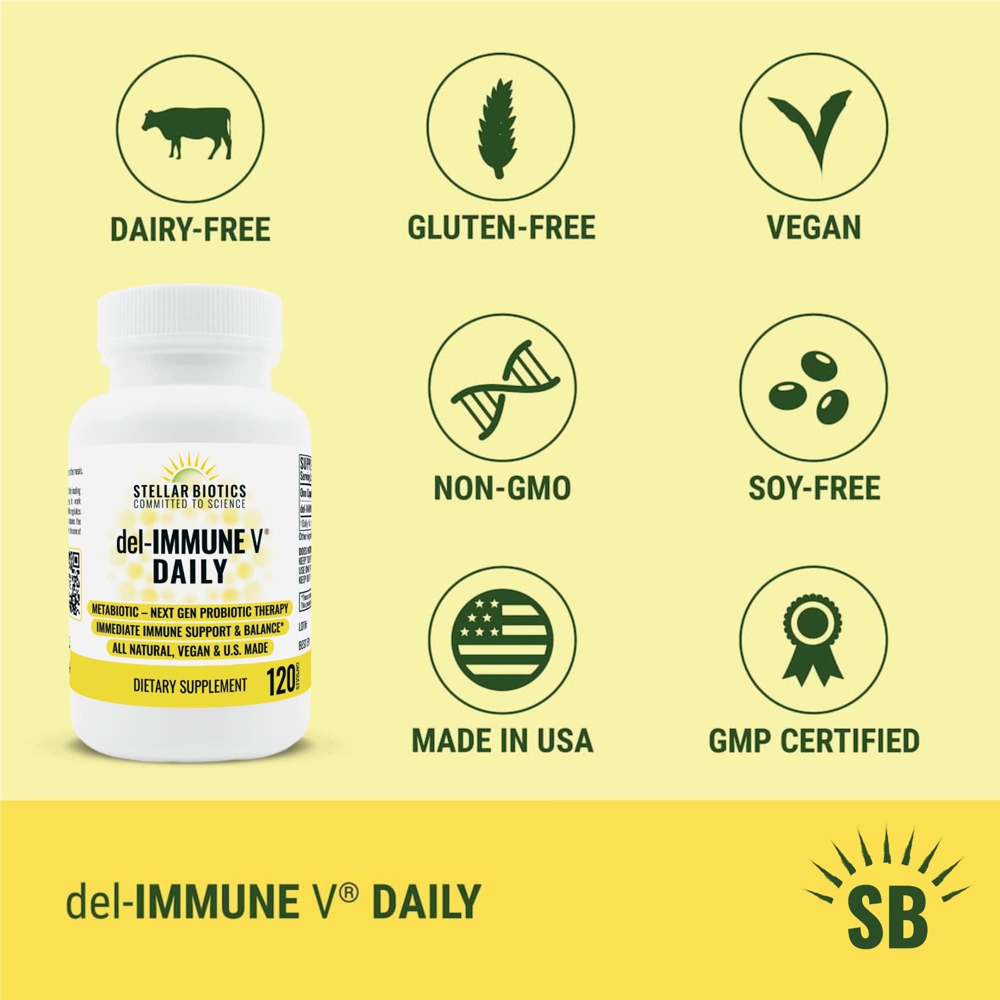 Del-Immune V Del-Immune V Daily by Stellar Biotics, All-Natural Immune Support & Gut Health, Immediate Care, Metabiotic: NextGen Probiotic Therapy (120 Caps)