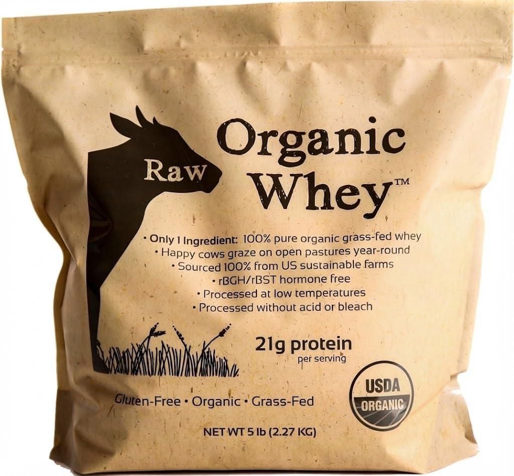 Raw Organic Whey Raw Organic Whey Protein Powder, Grass Fed, Happy Healthy Cows, Undenatured, Hormone Free, Non-GMO, Gluten Free, Unflavored, Unsweetened, 5LB