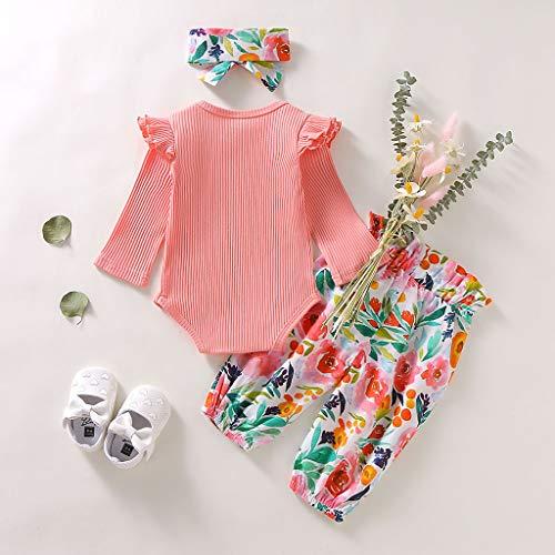 Tomppy Tomppy Newborn Baby Girls Clothes Outfits Long Sleeve Romper Bodysuits + Floral Pants+ Bow Headband Set Infant Costume Suits Pink