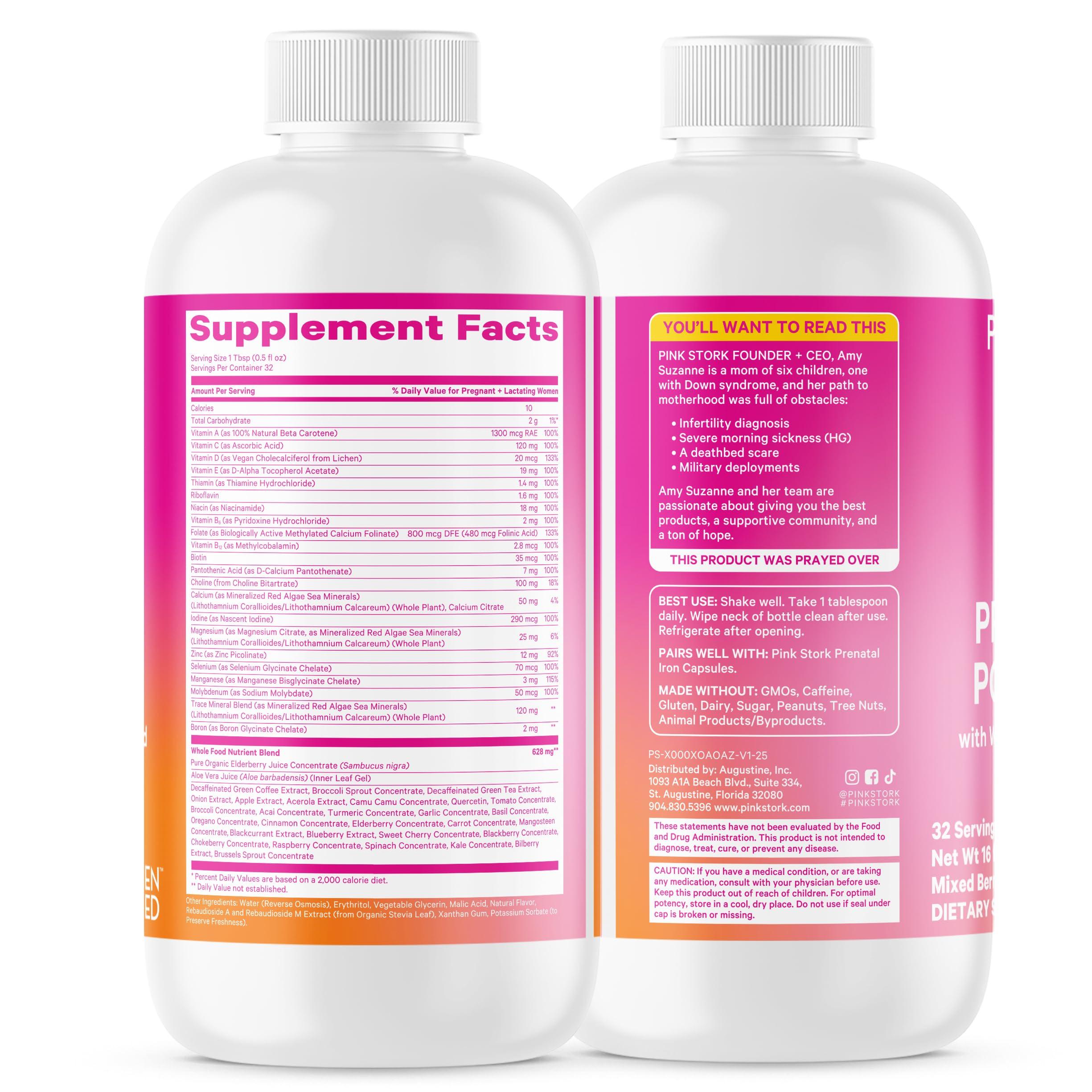 Pink Stork Pink Stork Liquid Prenatal + Postnatal Multivitamin for Women - Organic Food Blend & 18 Vitamins for Pregnant and Postpartum Breastfeeding Moms - Morning Sickness Support - 32 Servings