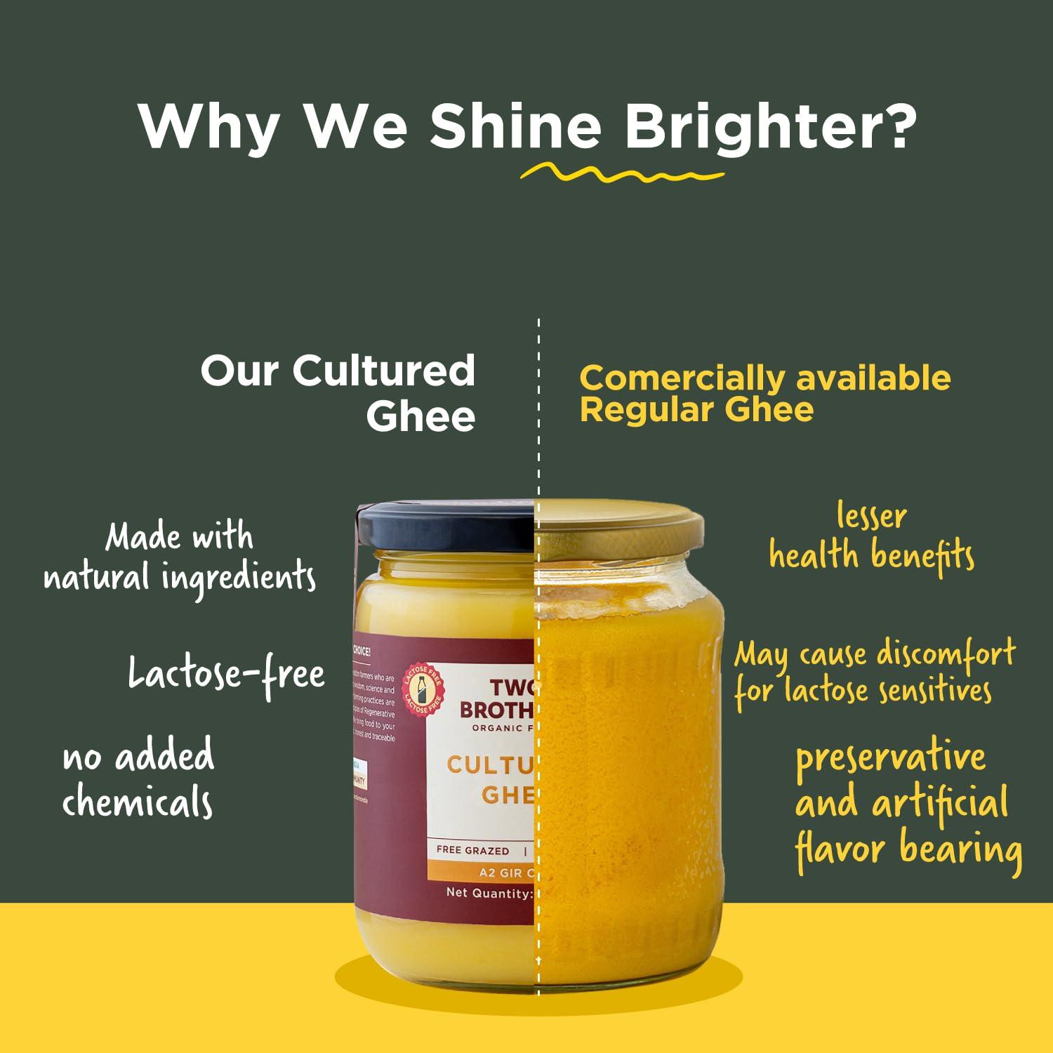 AMOREARTH - NATURAL.HEALTHY.FRESH Two Brothers Organic Farms - Grass Fed A2 Ghee 16 Fl Oz (500ml) | Clarified Butter | Cultured, Desi Gir Cow Ghee | Pasture Raised on Certified Organic Farm | Non-GMO, Lactose-Free, Keto Friendly | Made from Whole Curds in Small Batches | Glass Jar