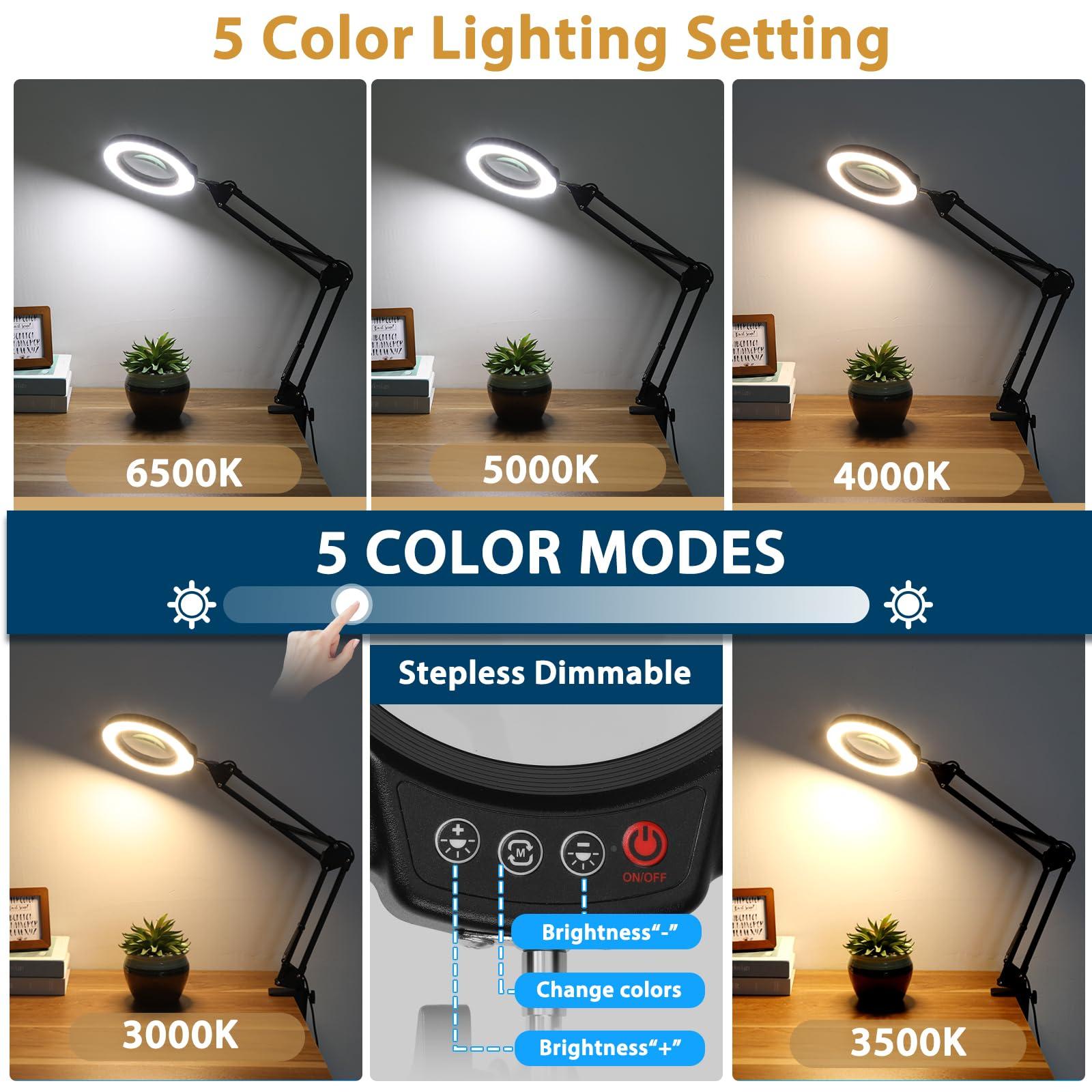 MagnieOpti 10X Magnifying Glass with Light and Clamp, 5 Color Modes Stepless Dimmable Real Glass Lighted Magnifier, Hands Free LED Magnifying Desk Lamp for Painting Craft Close Work Cross Stitch Sewing Retire