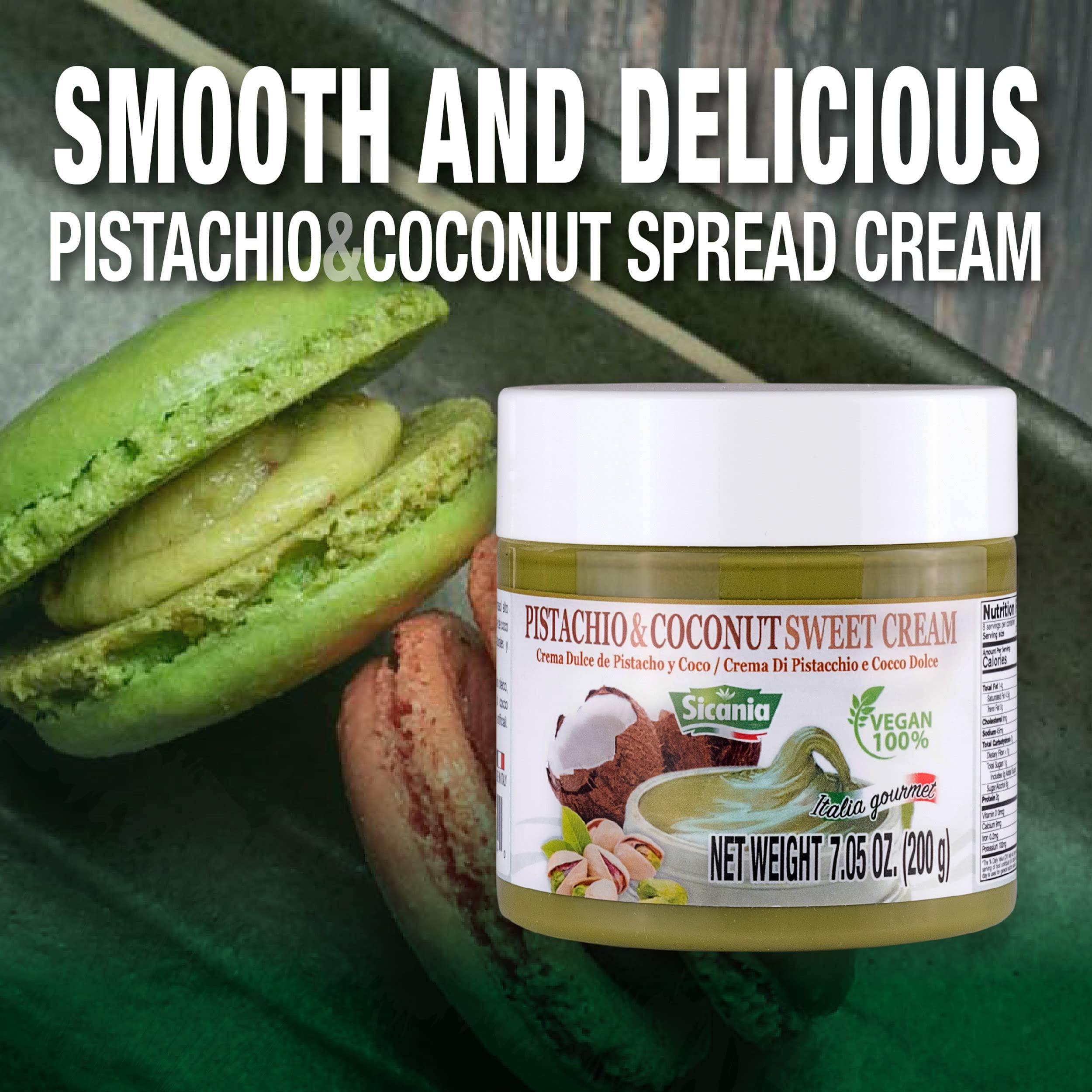 SICANIA SICANIA Pistachio and Coconut Vegan Sweet Cream - 100% Italian Made, Non-GMO, Dairy-Free, Gluten-Free, Palm Oil-Free, Lactose-Free, Sugar-Free - Ideal for Pastries, Desserts, Sandwiches, Pancakes, Waffles, Toasts and Crackers - 200Gr
