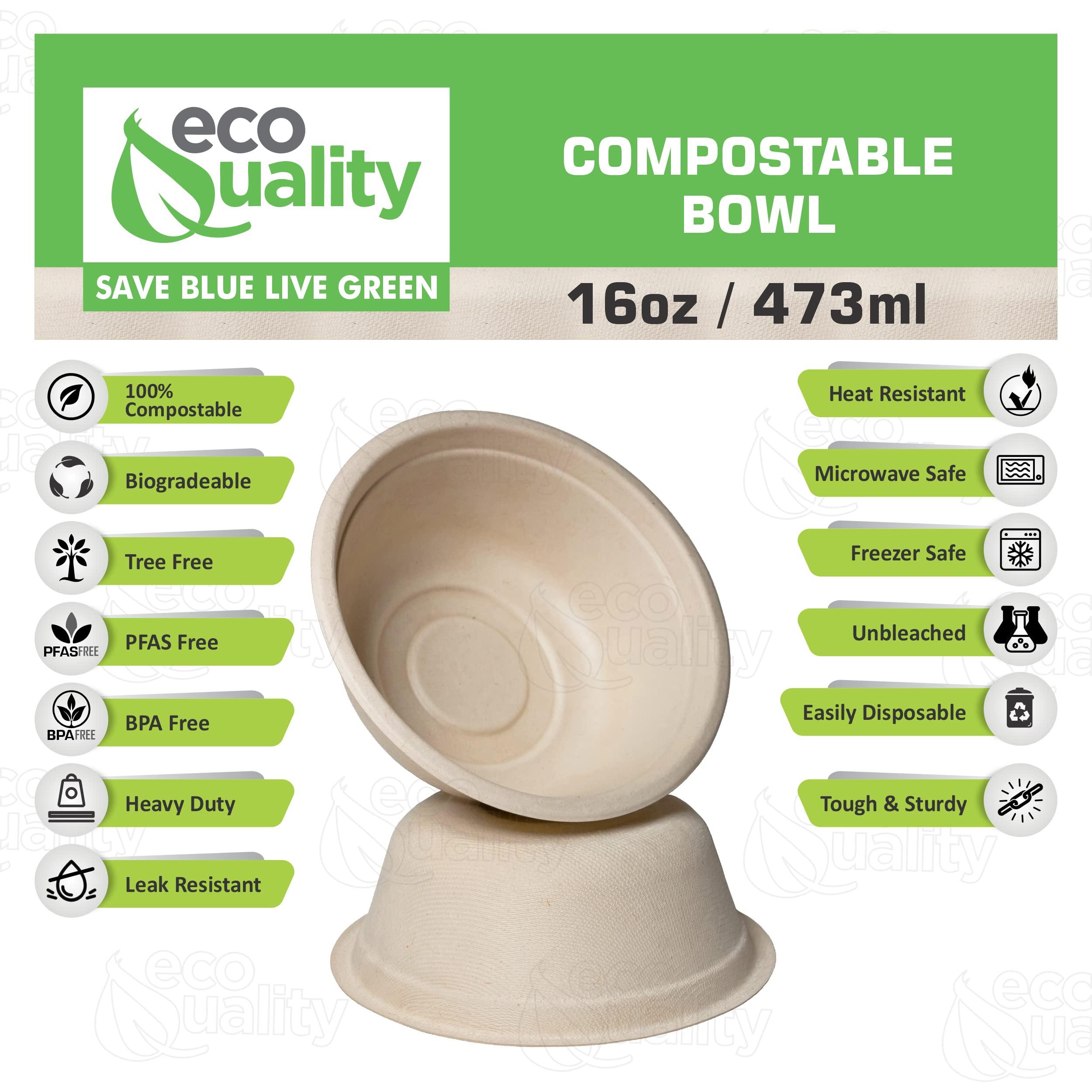 EcoQuality [300 Pack] 16 oz Compostable Paper Bowls Heavy-Duty Disposable Bowls, Eco-Friendly Natural Bagasse Unbleached, Hot or Cold Use, 100% Biodegradable Soup Bowls Sugarcane