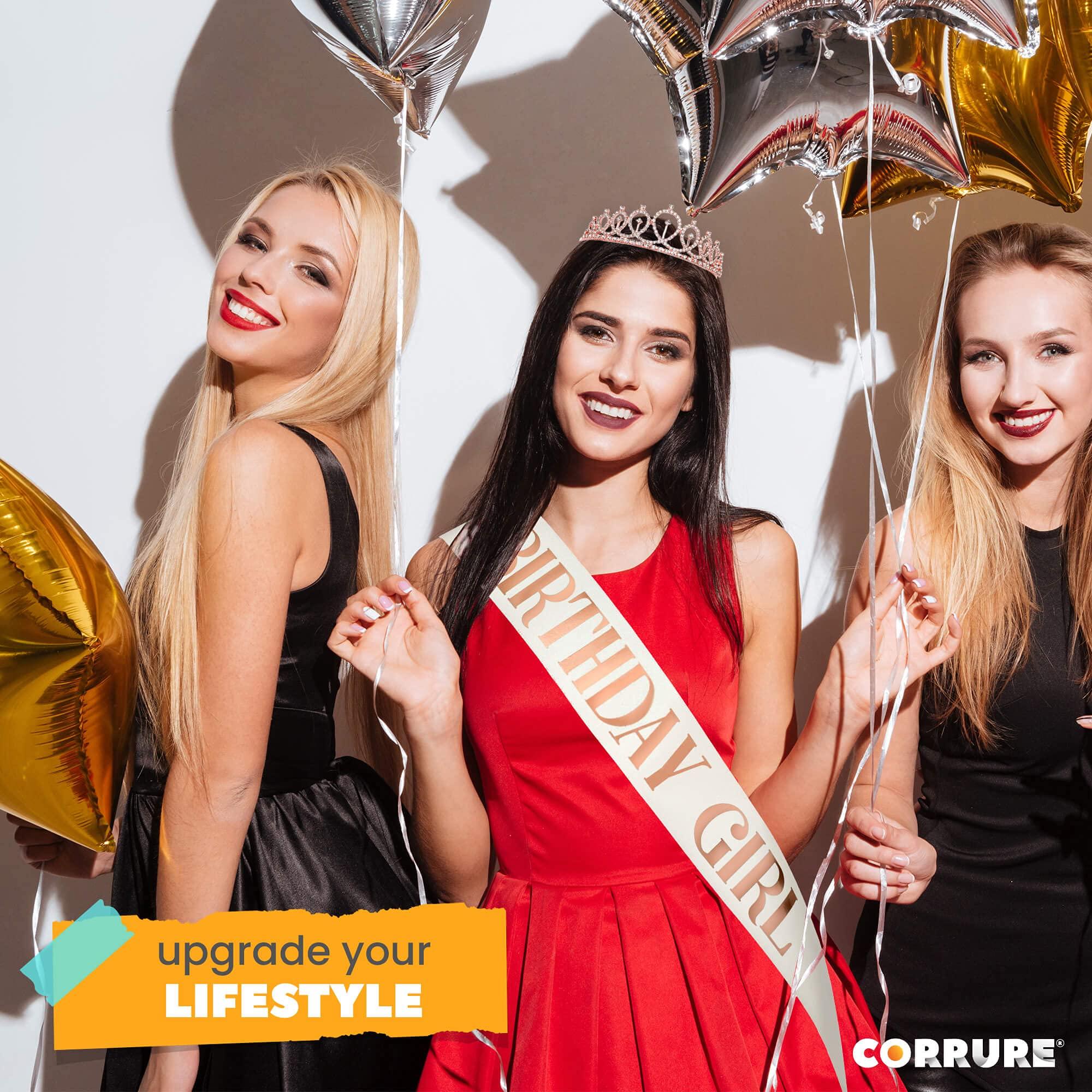 CORRURE CORRURE 'Birthday Girl' Sash, Rhinestone Tiara, and Cake Topper Set - Happy Birthday White Glitter Sash and Crown for Women's Sweet 16, 18th 21st 25th 30th 40th 50th or Any Other Bday Party