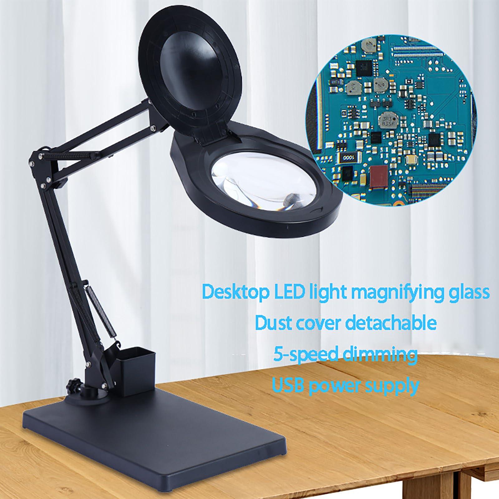 GLocKi Magnifying Glass with Light and Stand, 10X Magnifying Lamp, 5" Large Optical Glass Lens, Adjustable Swivel Arm Desk Magnifier for Hobby Reading