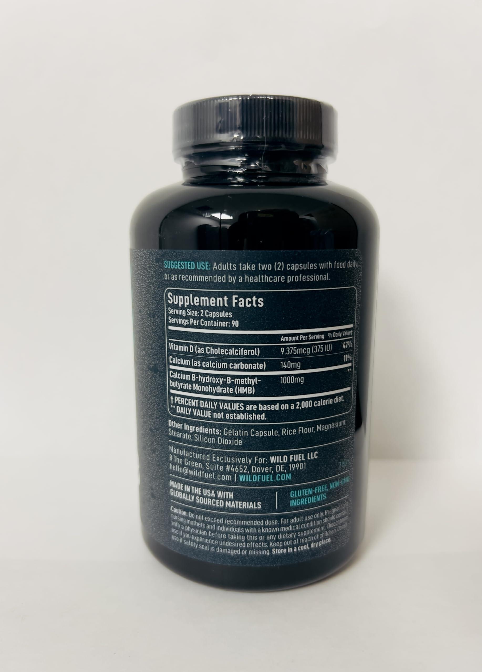 WILD FUEL HMB and Vitamin D3 Supplement Capsules - B-Hydroxy B-Methylbutyrate 1,000 MG HMB Supplements with Vitamin D3 - Muscle Growth, Strength, Performance and After Workout Muscle Recovery - 360 HMB Capsules