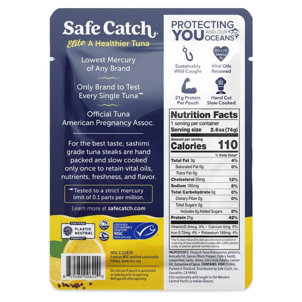 Safe Catch Safe Catch Elite Lowest Mercury Wild-Caught Tuna Pouch Citrus Pepper Seasoned Fish, Gluten-Free, Paleo, Keto, Non-GMO, High Protein Food, 2.6oz Packets, Pack of 12