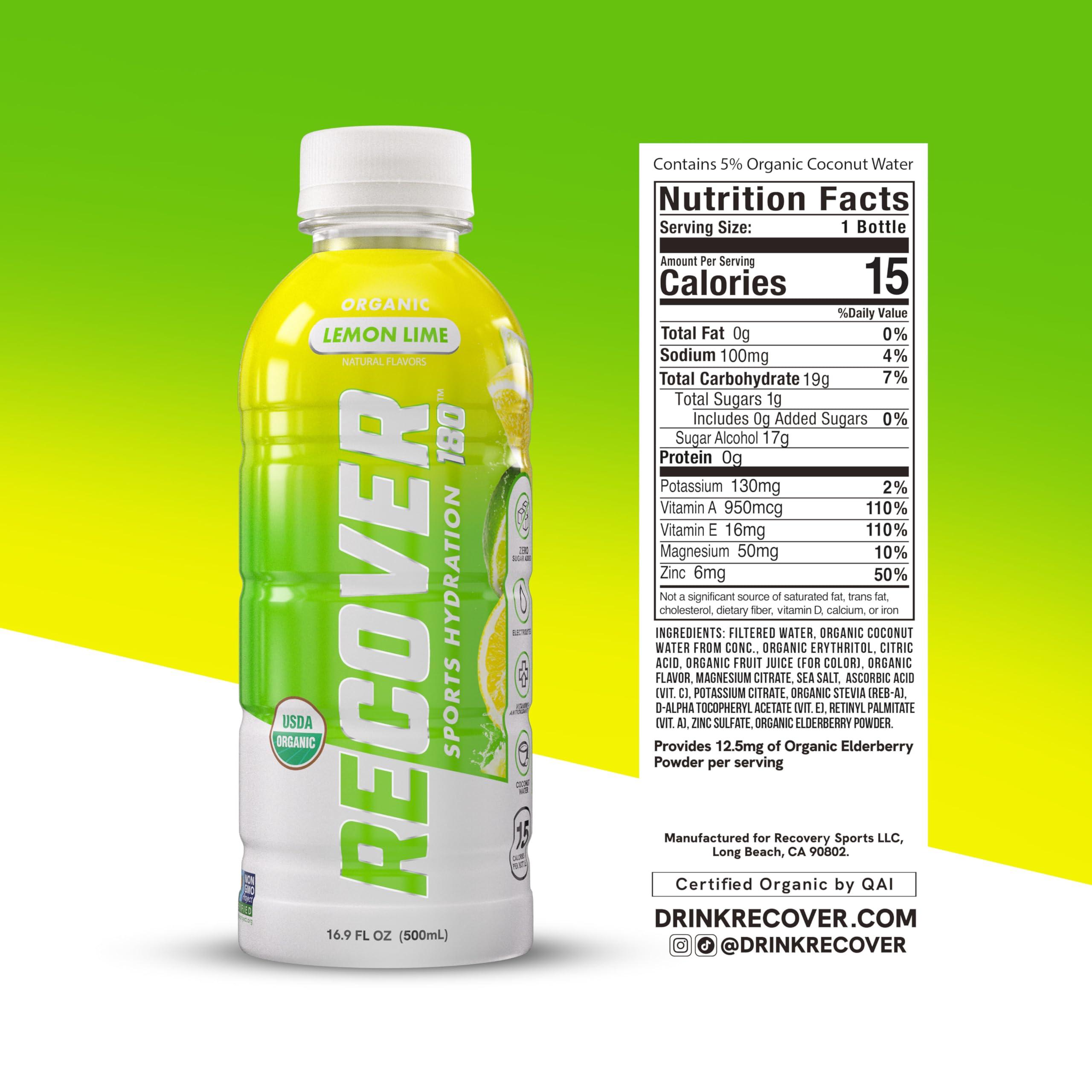 RECOVER 180 RECOVER 180 Organic Sports Hydration Drink, No Sugar Added, 15 Calorie Sports Beverage, Organic Flavors With Vitamins, Potassium-Packed Electrolytes (16.9 Fl Oz (Pack of 12), Lemon Lime)