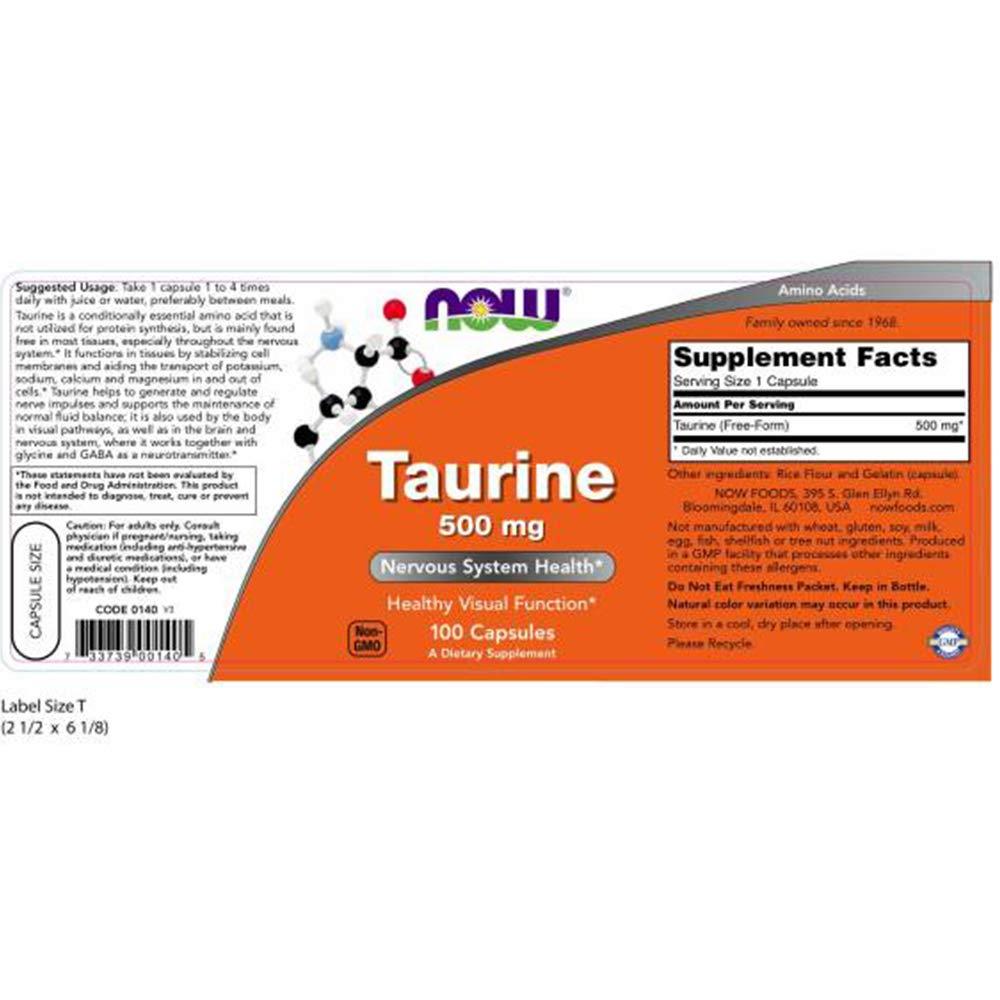 NOW Foods NOW Taurine 500mg, 100 Capsules (Pack of 3)