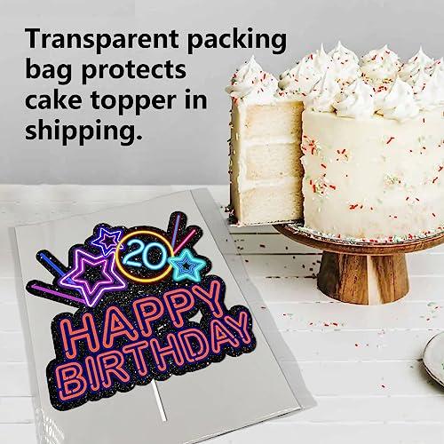 HEYUWING Colorful Glitter Star Happy Birthday 20 Cake Topper Lets Glow Crazy Party Theme Decoration Supplies Boys Girls Happy 20th Birthday Anniversary Party Decor Supplies