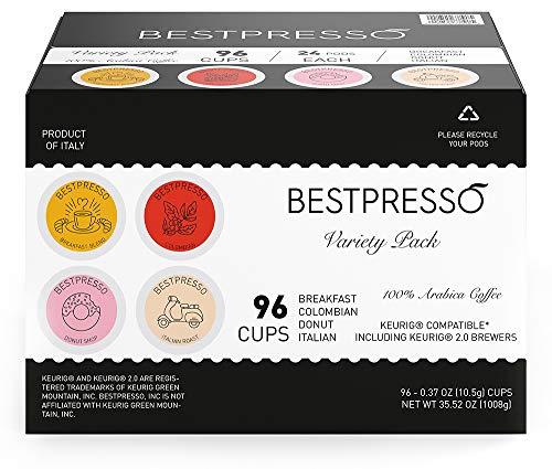 Bestpresso Bestpresso Coffee, Variety Pack Single Serve K-Cup Pods, 96 Count. Includes Breakfast, Colombian, Donut and Italian (Compatible With 2.0 Keurig Brewers) 8 Packs Of 12 Cups