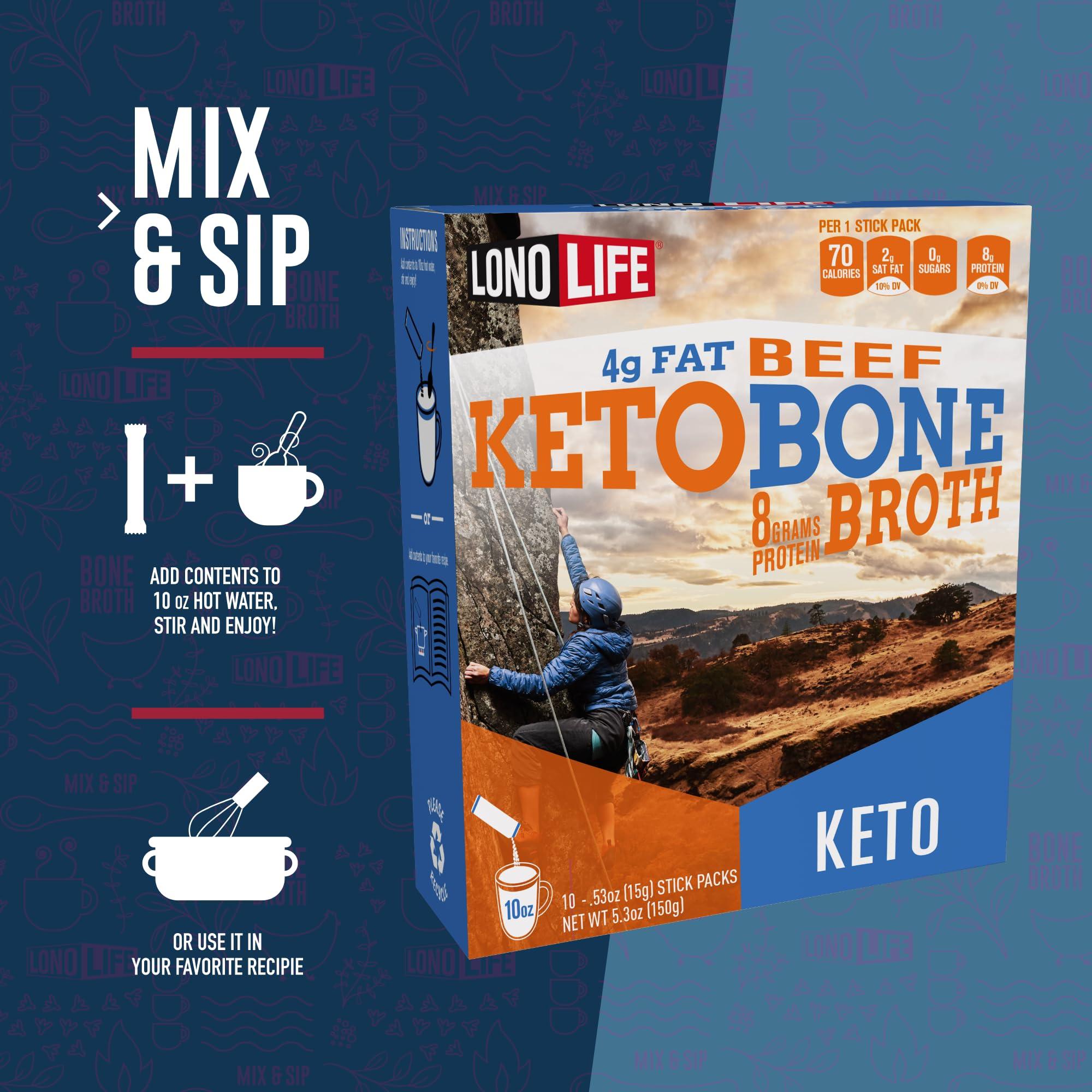 LONOLIFE LonoLife Keto Beef Bone Broth Powder Mix | Grass-Fed, 10g Protein | Collagen-Rich, Keto & Paleo Friendly | Natural Ingredients | 10 Portable Stick Pack Servings