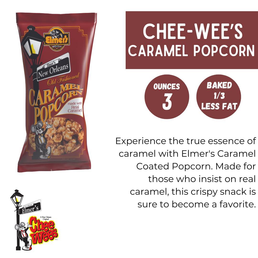 Chee-wee\'s Elmer\'s Caramel Popcorn, Real Old Fashioned Caramel Popcorn, Popped in Coconut Oil, 3 oz Bags, Pack of 3