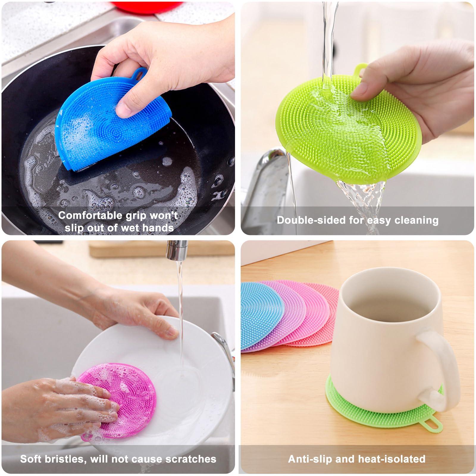 MISSJOJIAY Silicone Dish Scrubber, 12 Pack Silicone Sponge Dish Brush Food Grade BPA Free Reusable Rubber Sponges Dishwasher Safe and Dry Fast for Kitchen Dish Dishes Fruits Vegetables Washing and Cleaning