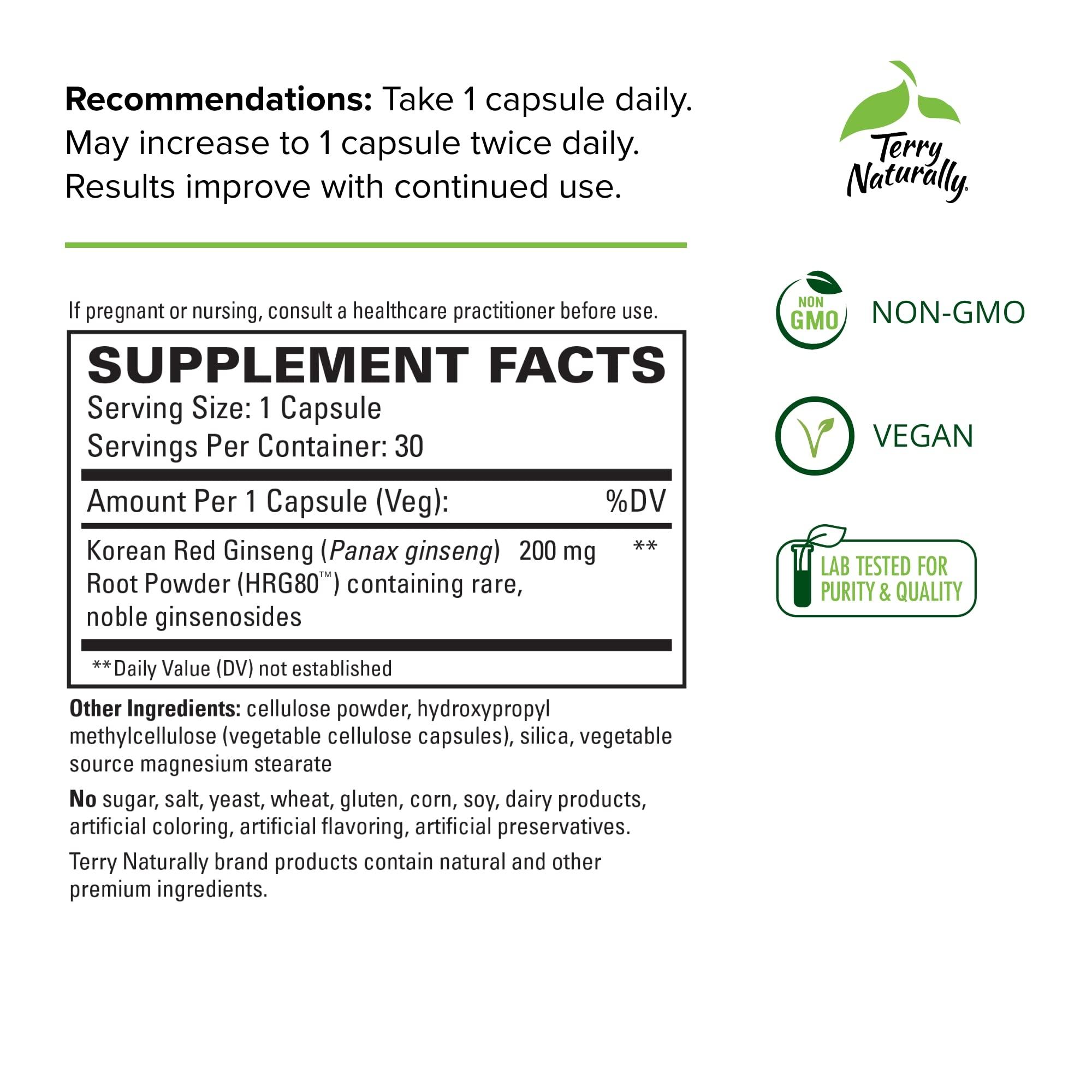 Terry Naturally Terry Naturally HRG80 Red Ginseng Energy - 30 Capsules - Red Ginseng Root Powder, Panax Ginseng, HRG80 - Non-GMO, Vegan, Gluten Free 30 Servings