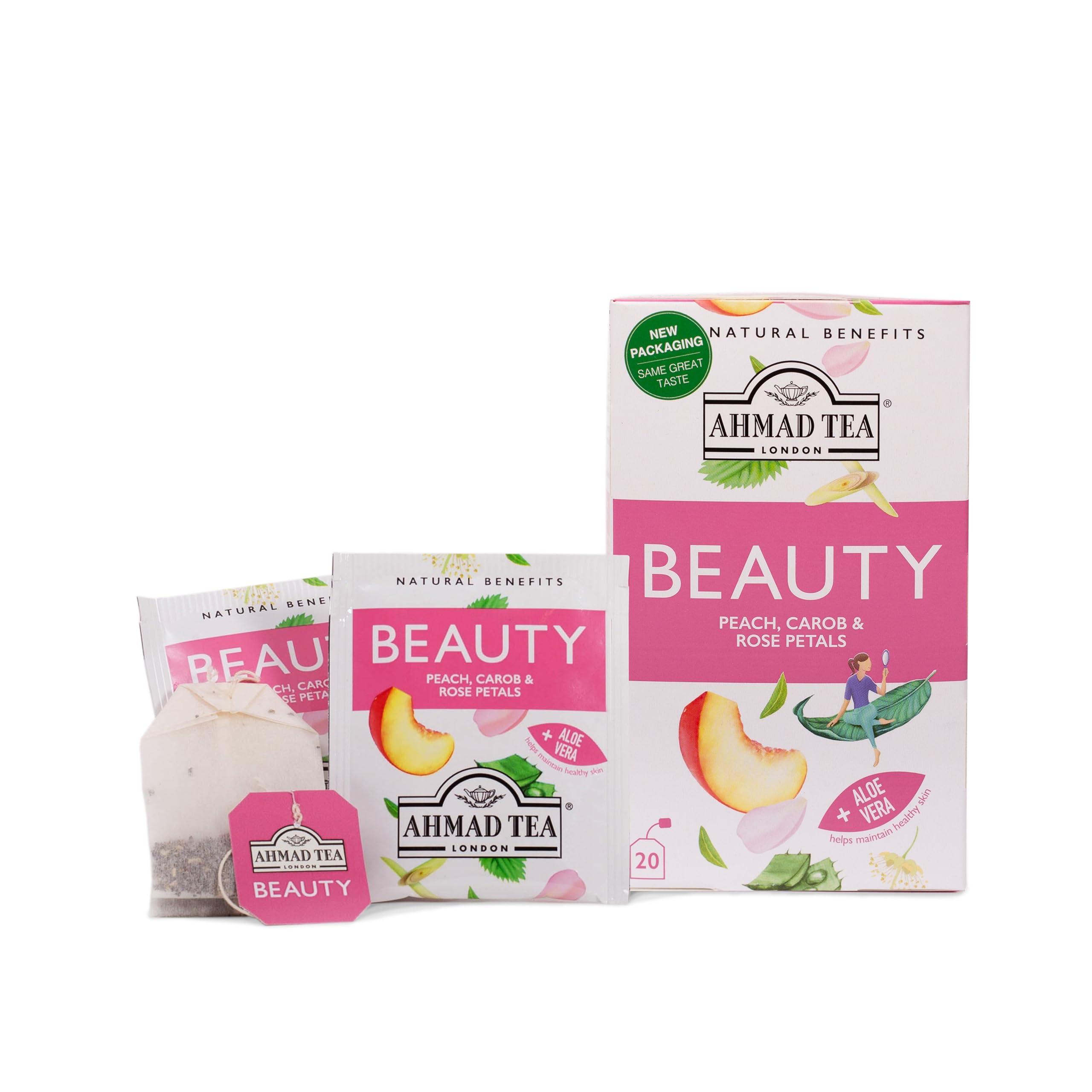 Ahmad Tea Ahmad Tea Herbal Tea, Peach, Carob, and Rose Petals 'Beauty' Natural Benefits Teabags, 20 ct (Pack of 6) - Decaffeinated & Sugar-Free