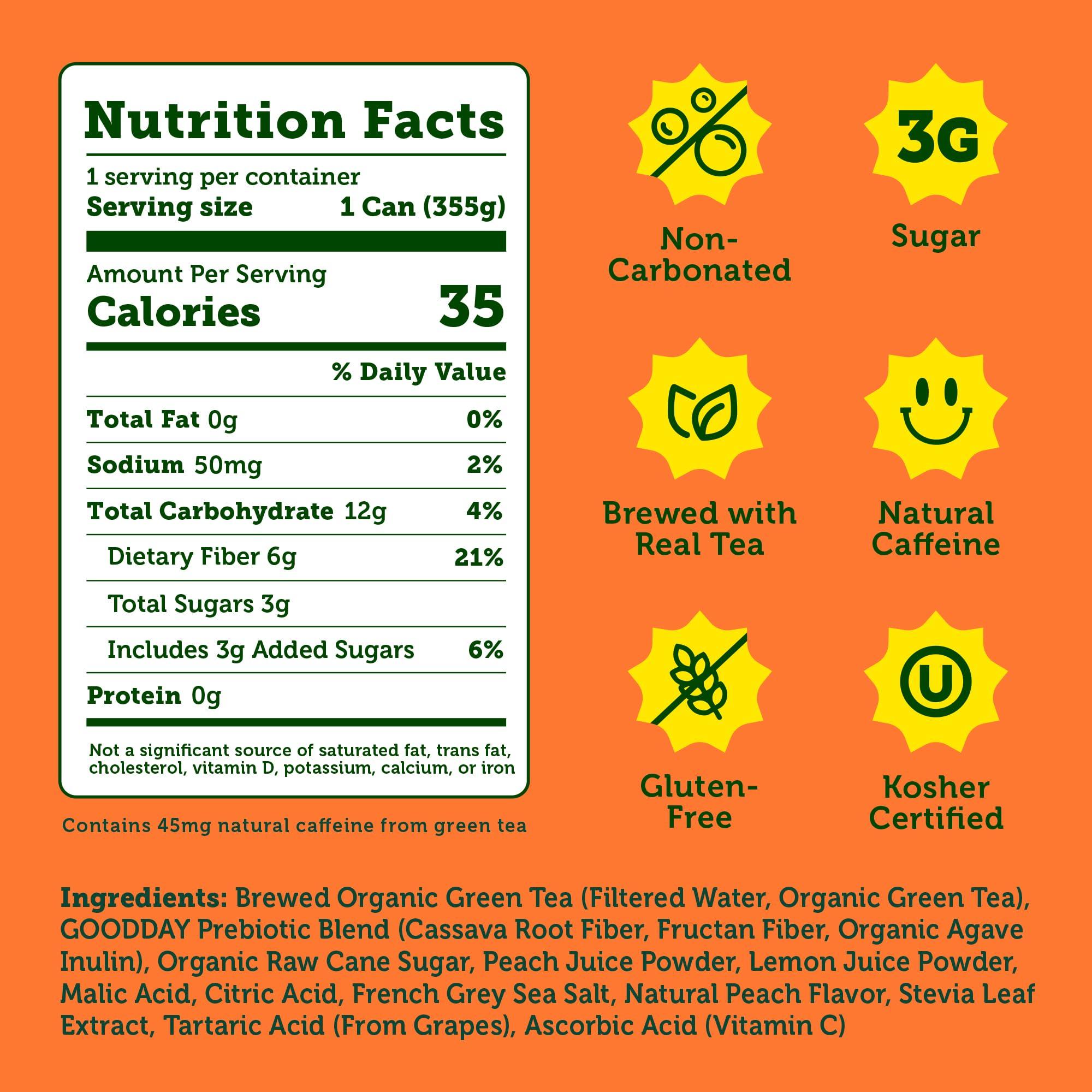 Halfday HALFDAY Prebiotic Peach Iced Tea Cans, Supports Digestive & Gut Health, 8g Plant Fiber & Prebiotics, Low Sugar, 30 Calories, Organic Tea, Natural Caffiene, Gluten Free, Keto, 12 fl oz (12 pack)