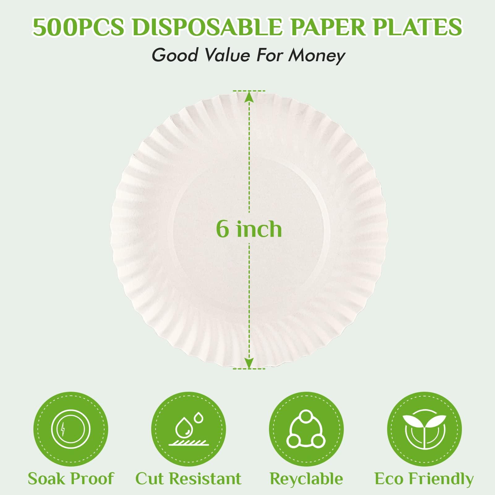 FOCUSLINE FOCUSLINE 6 Inch White Paper Plates 500 Count, Uncoated Paper Plates, Everyday Disposable Dessert Plates 6" Paper Plate Bulk, Pack of 500 Count