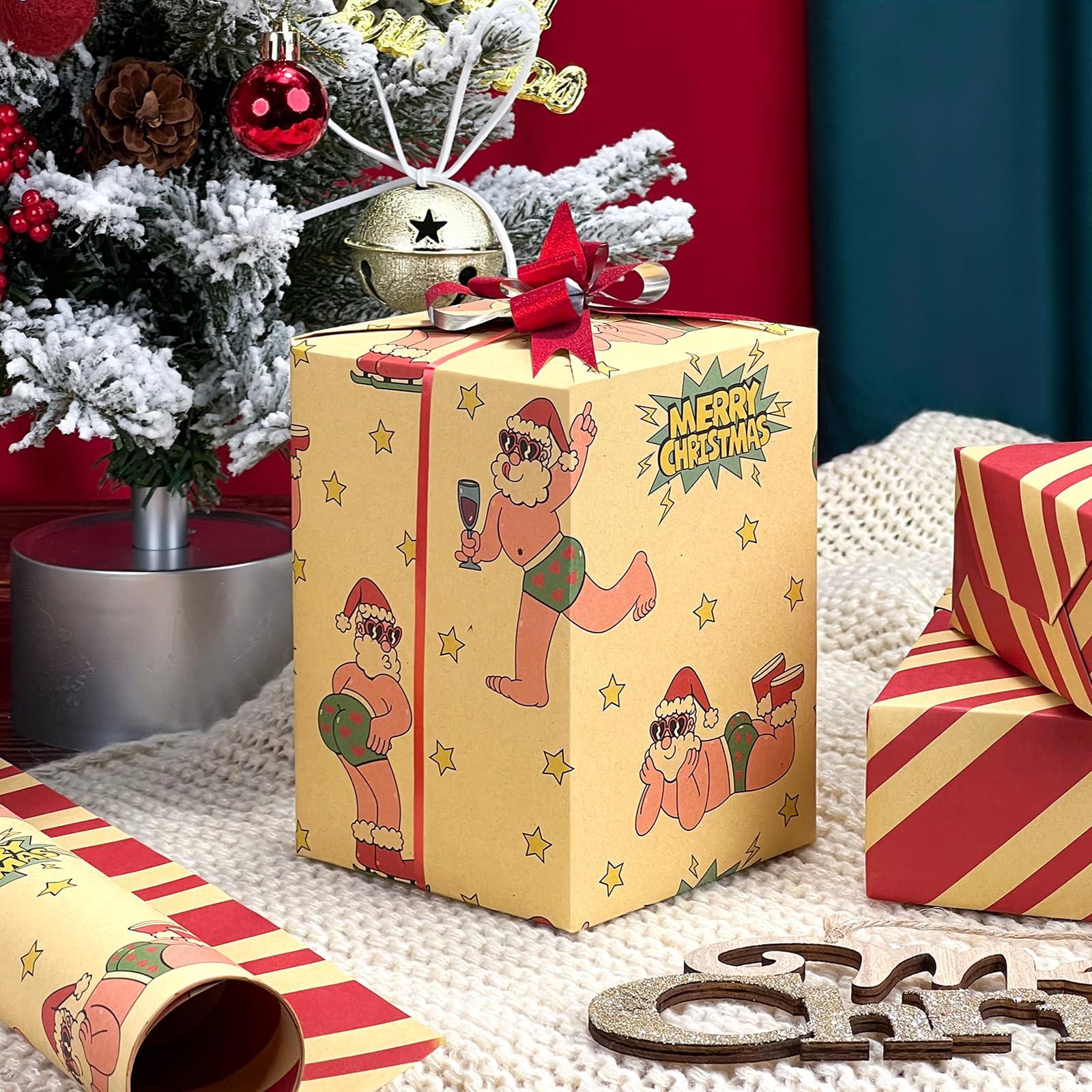 EWES EWES Kraft Christmas Wrapping Paper Brown Set Funny Rolls vintage Santa Claus For Kids Cute Cartoon Thick Gift Wrap Sheets Unique Retro Heavy Duty Reversible Fun Total 28.5sq.ft