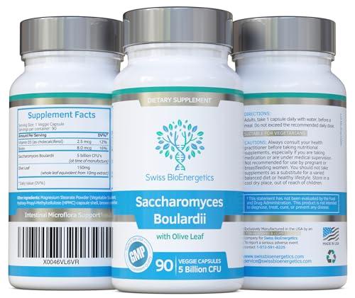 swiss bioenergetics Saccharomyces Boulardii 5 Billion CFU 90 Capsules - No Refrigeration Required - High Strength Non-Colonising Yeast with synergistic Olive Leaf, Biotin and Vitamin D3