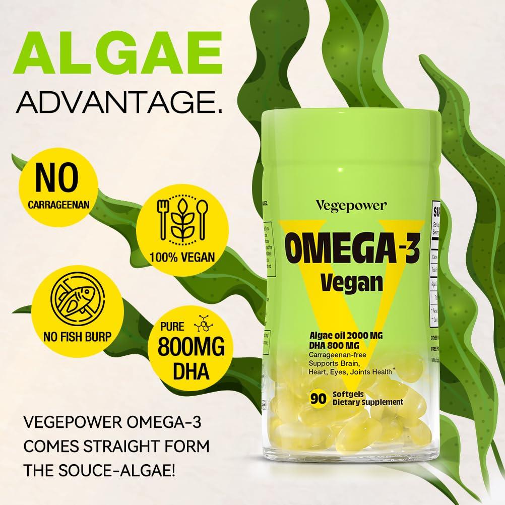 VEGEPOWER Vegan Omega-3 Algae DHA Supplements - 2000mg Algae Oil, Plant-Based Prenatal Algal DHA, 90 Carrageenan Free Softgels -Sustainable Fish Oil Alternative Supports Brain, Heart, Eyes, Joint Health