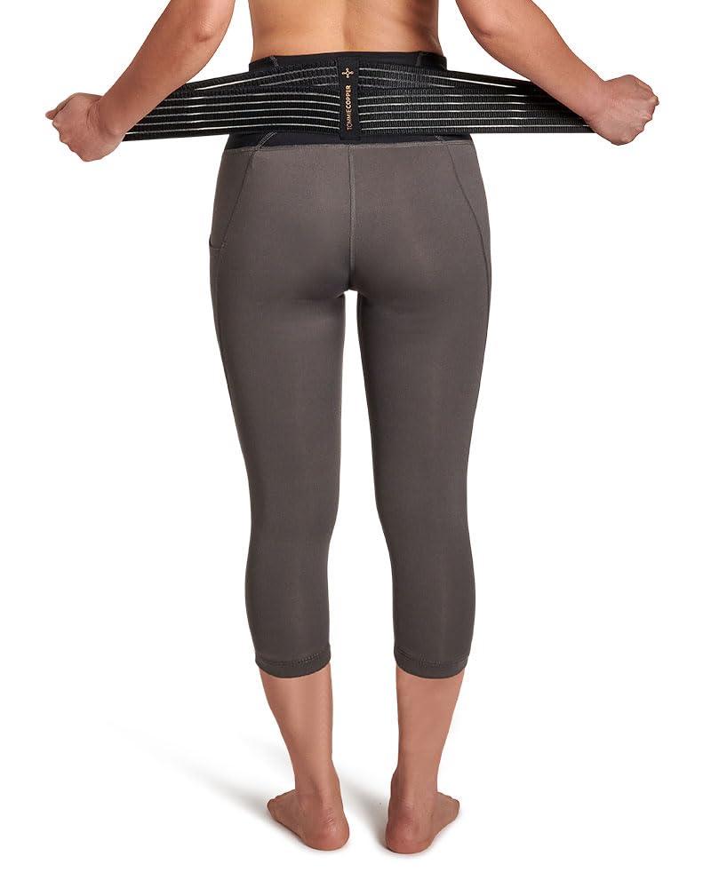 Tommie Copper Tommie Copper Adjustable Lower Back Support Compression Capri Leggings with 2 Pockets, 19in Breathable Capris, Slate Grey, Medium