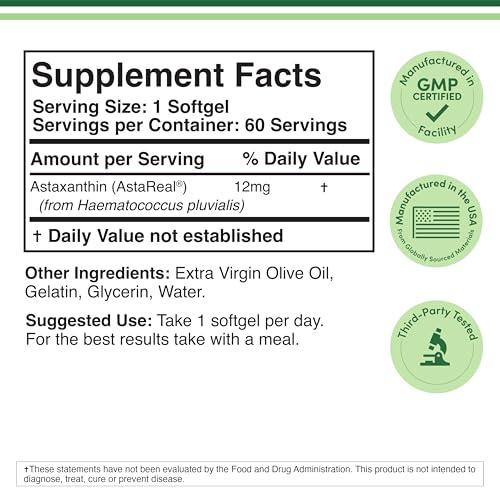 Double Wood Supplements Astaxanthin 12mg Max Strength (AstaReal: Natural Patented Astaxanthin with 70+ Human Clinical Trials - World's Most Studied Brand) Grown, Harvested, and Made in The USA (Astaxantina) by Double Wood